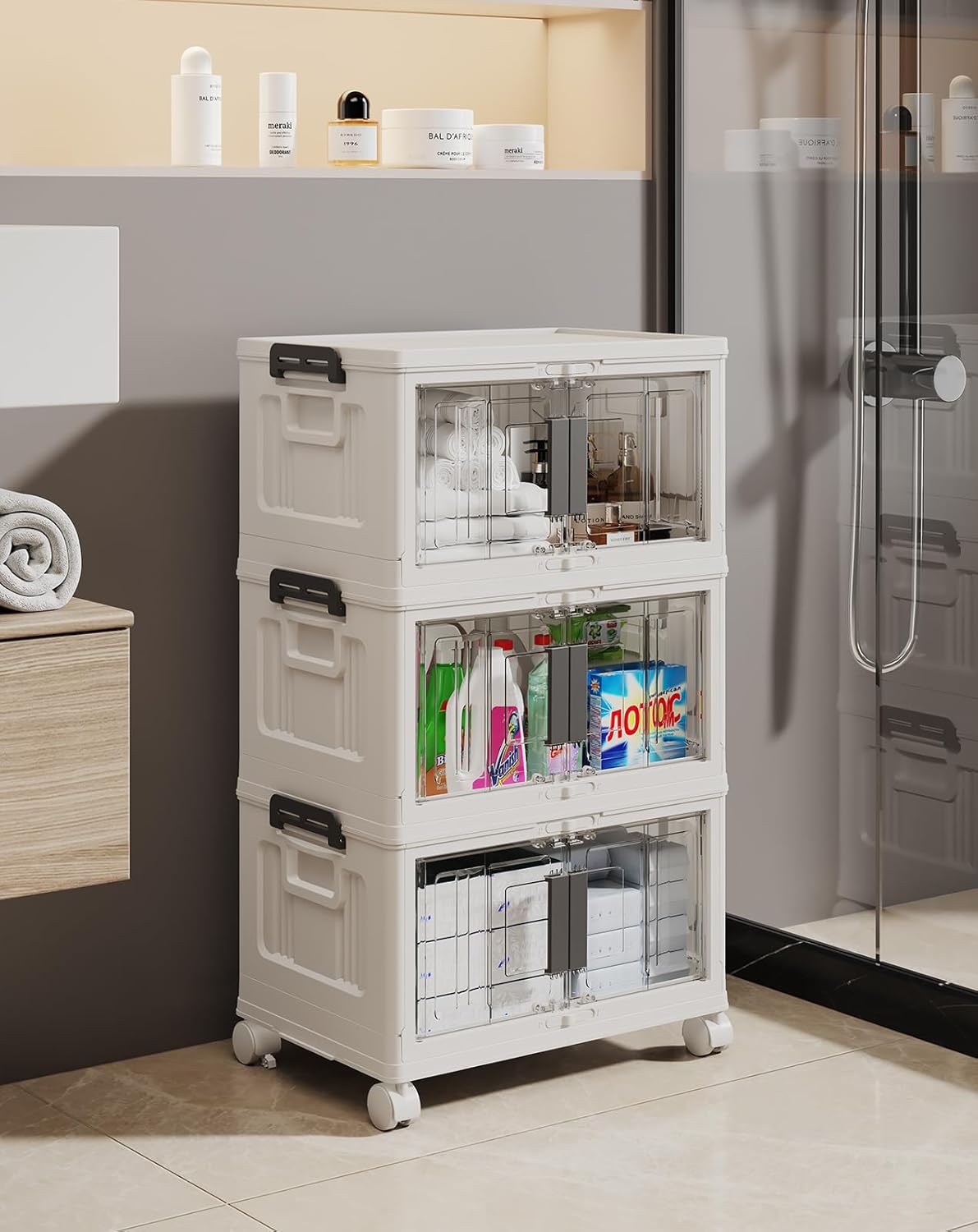 OlarHike 23QT Stackable Storage Bins with Lids - Folding Storage Box with Doors and Wheels