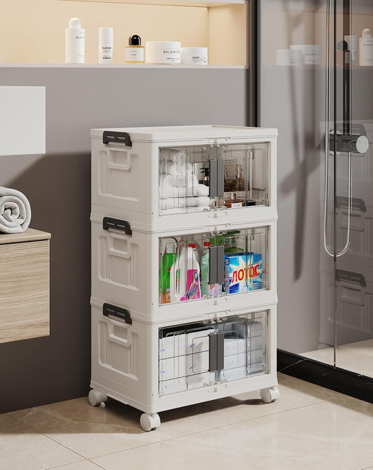 OlarHike 23QT Stackable Storage Bins with Lids - Folding Storage Box with Doors and Wheels
