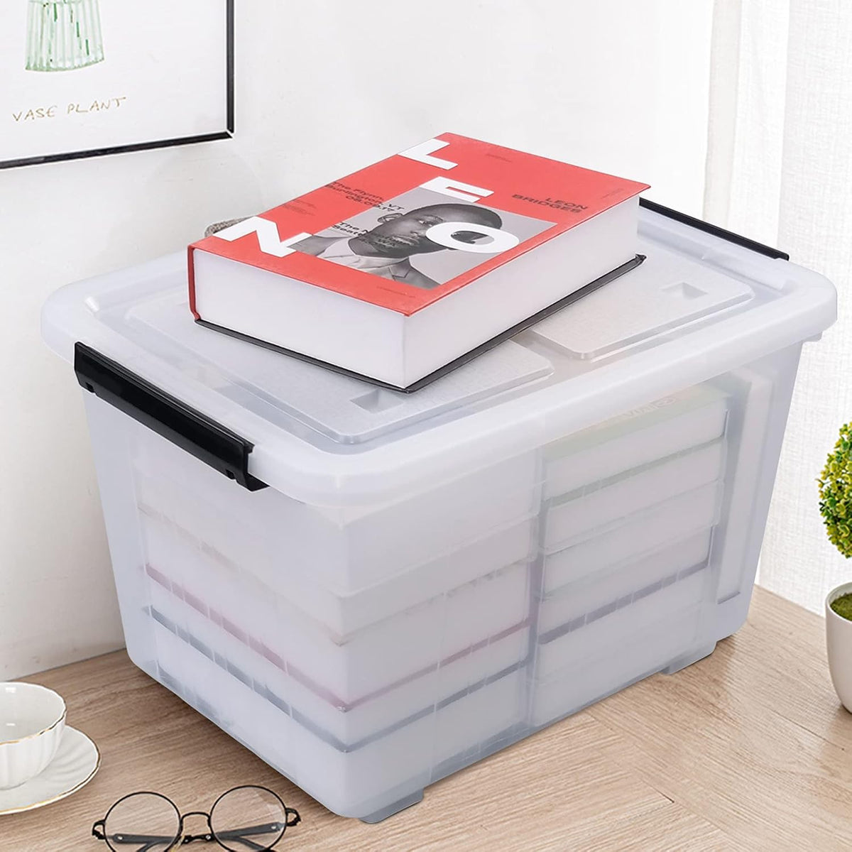 4 Packs 30 L Stackable Plastic Storage Bins with Lids and Wheels, Latching Clear Storage Container