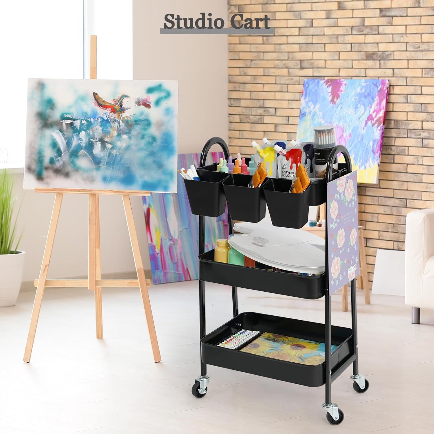danpinera 3-Tier Rolling Cart, Metal Rolling Storage Cart with Lockable Wheels & Hanging Cups &
