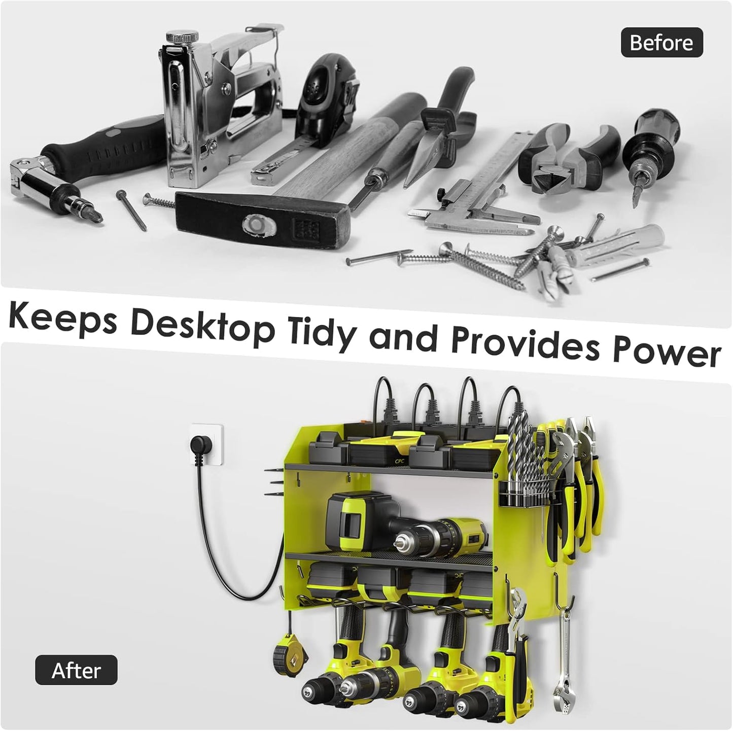 CCCEI Set Power Tool Organizer Wall Mount with Charging Station. Garage 4 Drill Storage Shelf with