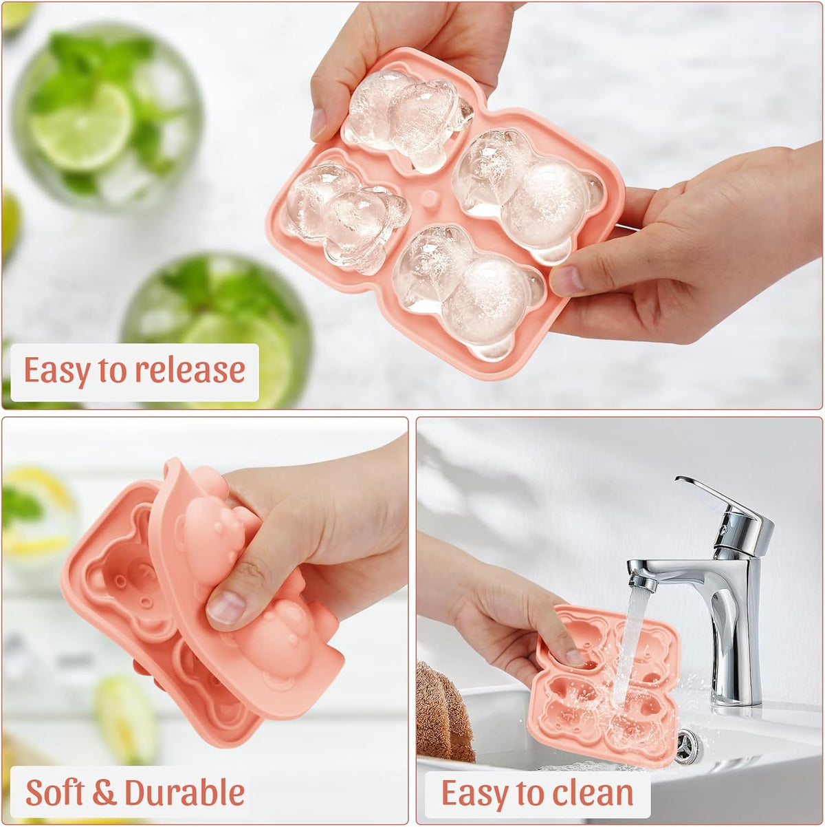 Silicone Ice Cube Tray,Bear 3D Large Ice Cube Molds for Whiskey,Cocktails,Wine,Juice and Bourbon,4