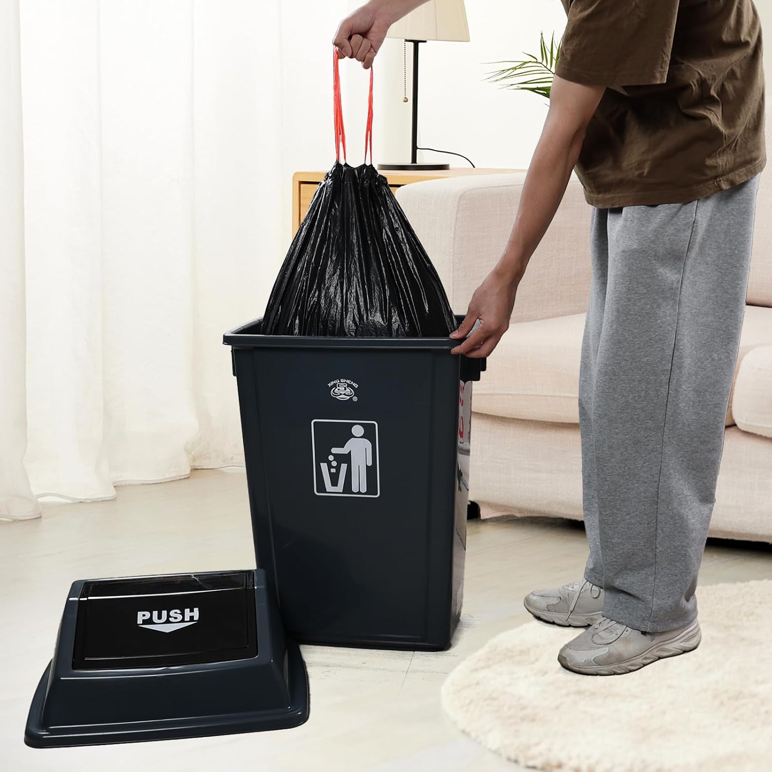 18 Gallon Grey Commercial Trash Can with Swing Lid, Garbage Can for Outdoor Office Restaurant