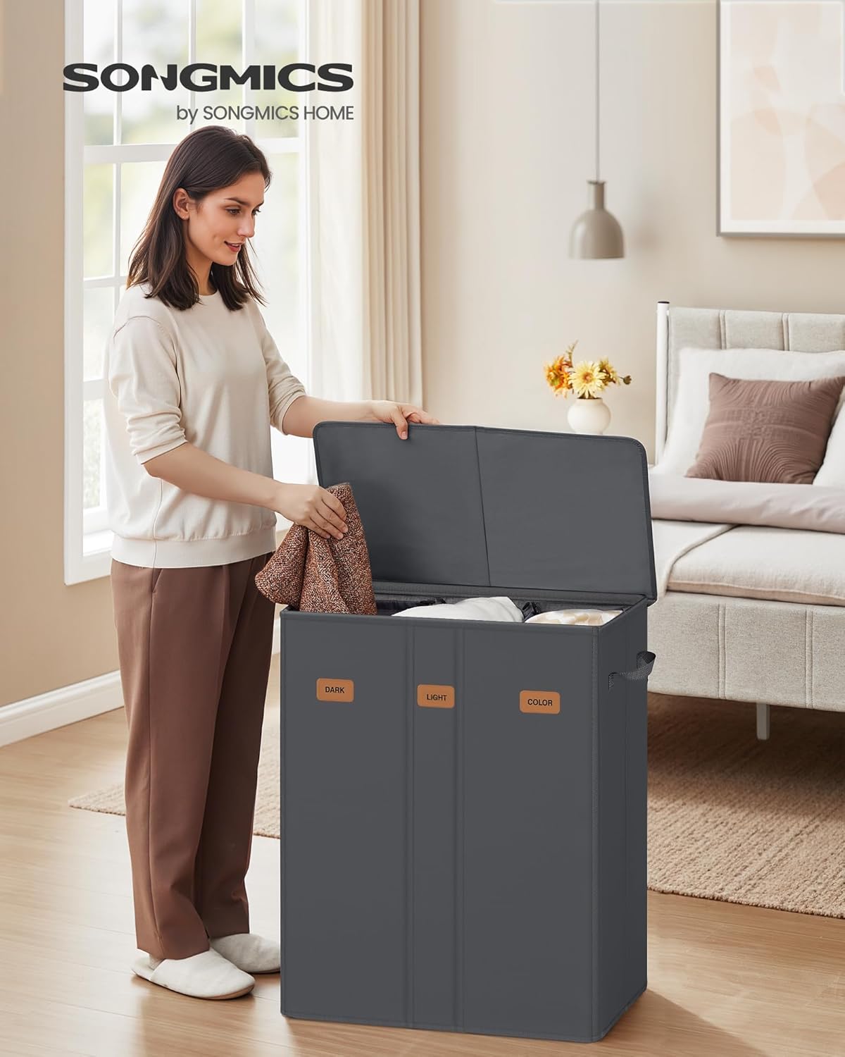 SONGMICS 42.2 Gallon (160 L) Laundry Hamper, 3-Compartment Laundry Basket Sorter with Lid, Labels