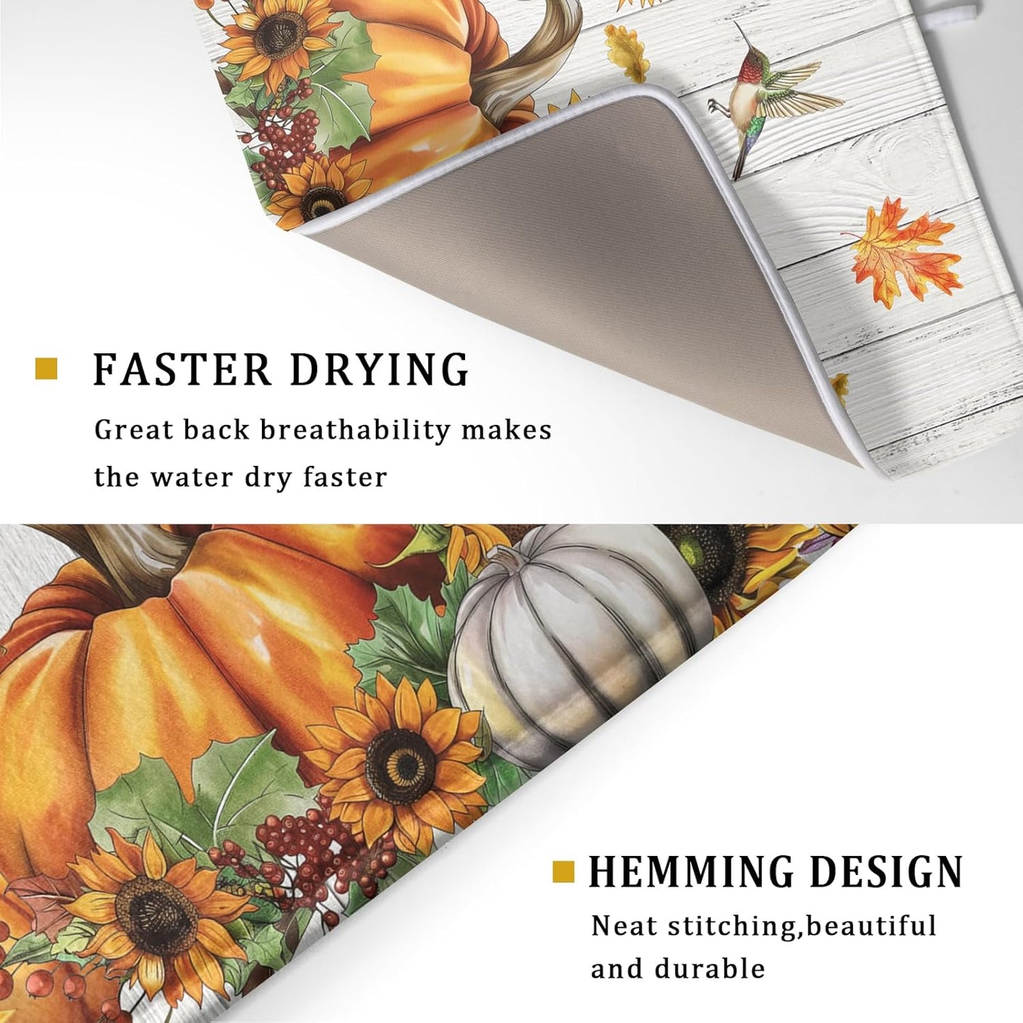 Autumn Harvest Pumpkin Dish Drying Mat for Kitchen Counter Sunflower Maple Leaves Fall Dish Drying