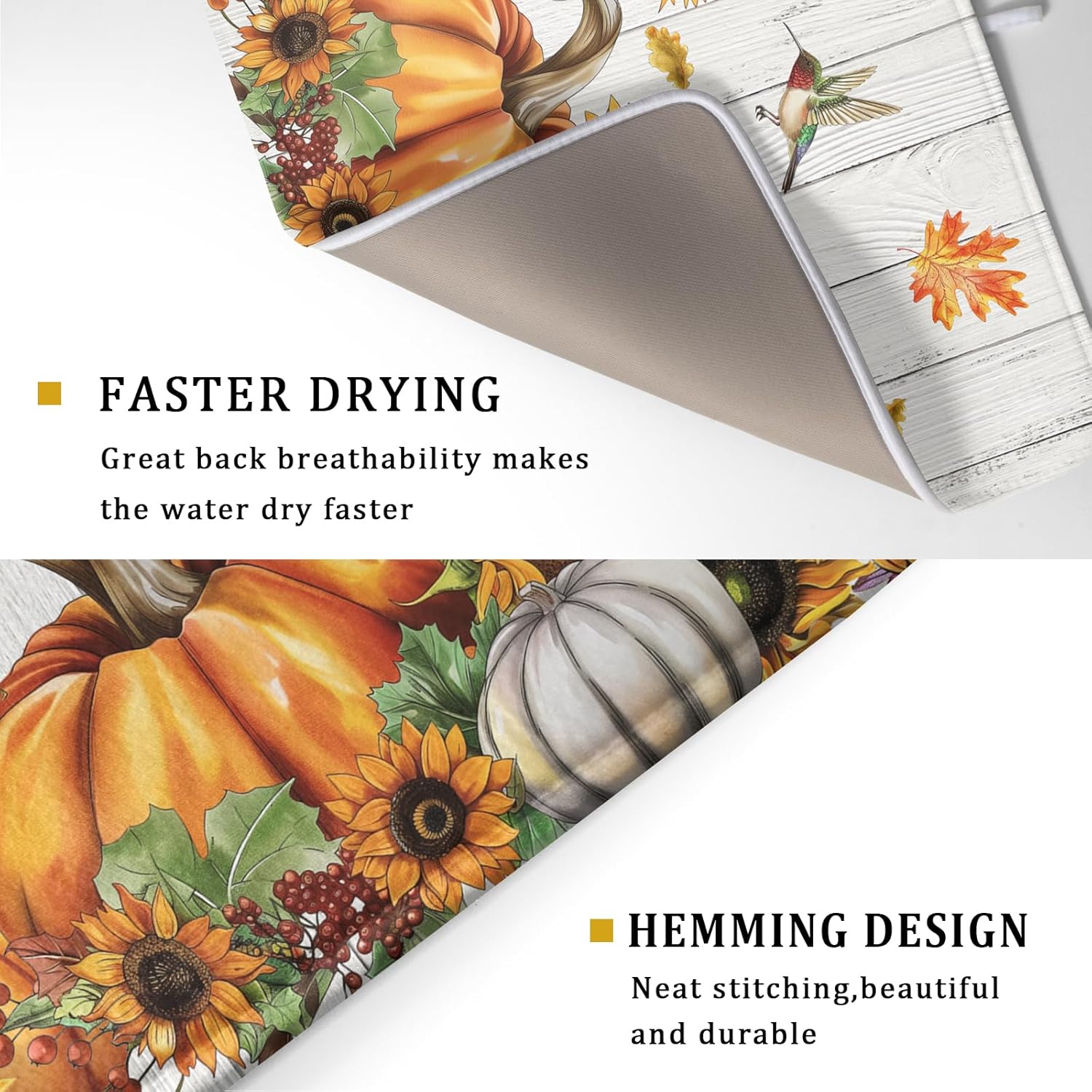 Autumn Harvest Pumpkin Dish Drying Mat for Kitchen Counter Sunflower Maple Leaves Fall Dish Drying