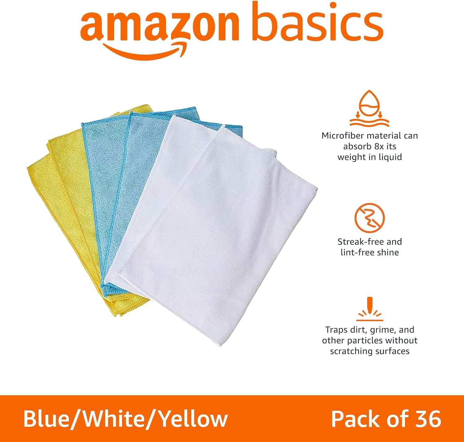 Amazon Basics Microfiber Cleaning Cloths, Non-Abrasive, Reusable and Washable, Pack of 36