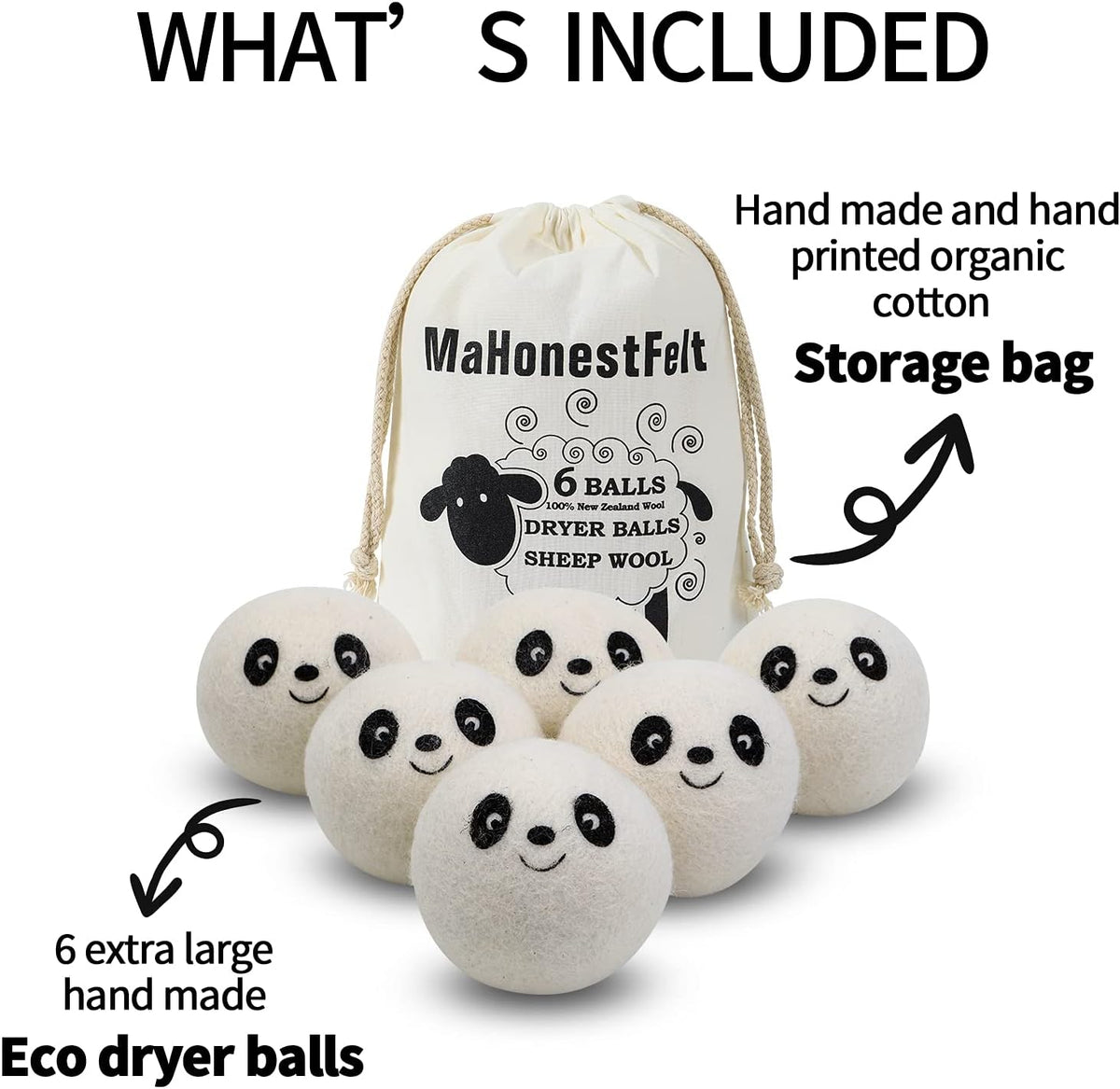 Wool Dryer Balls - Natural Fabric Softener, Reusable, Reduces Clothing Wrinkles and Saves Drying
