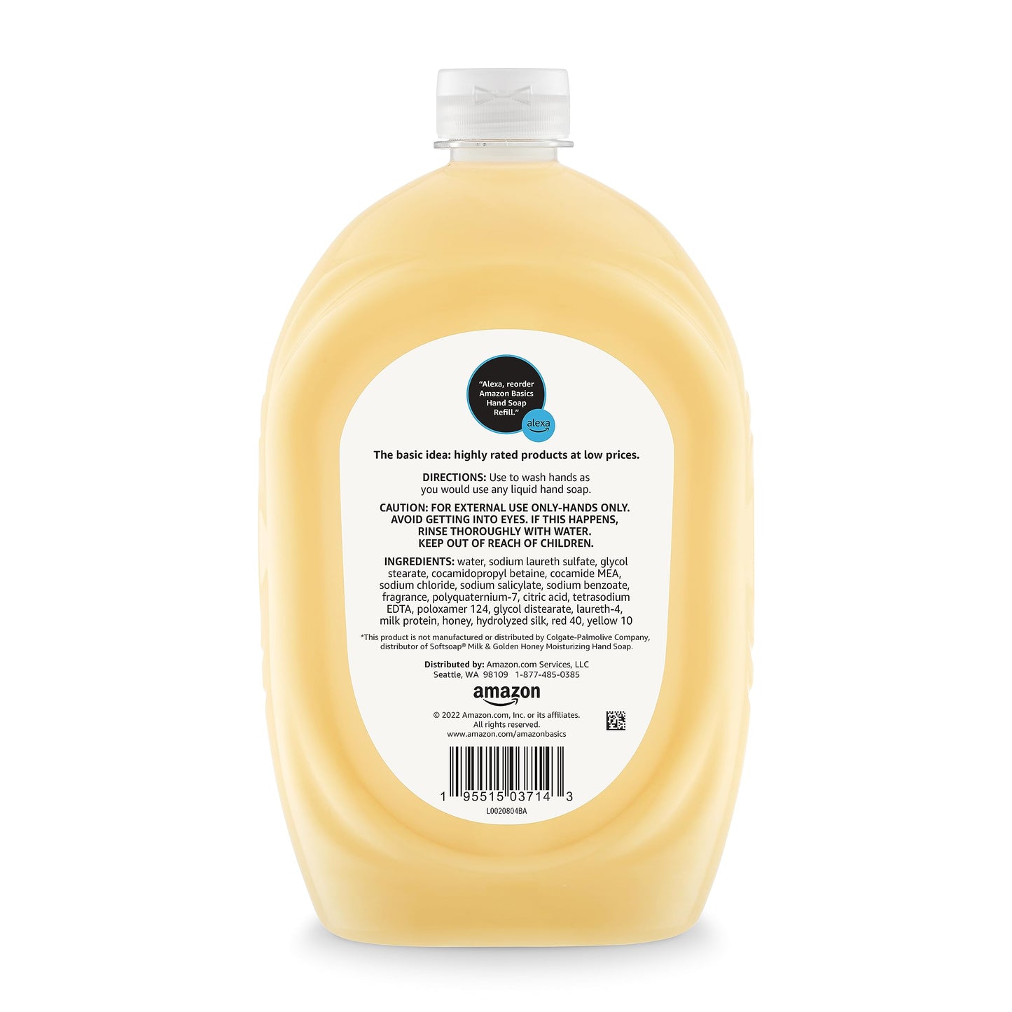 Amazon Basics Liquid Hand Soap Refill, Milk and Honey Scent, Triclosan-Free, pH Balanced