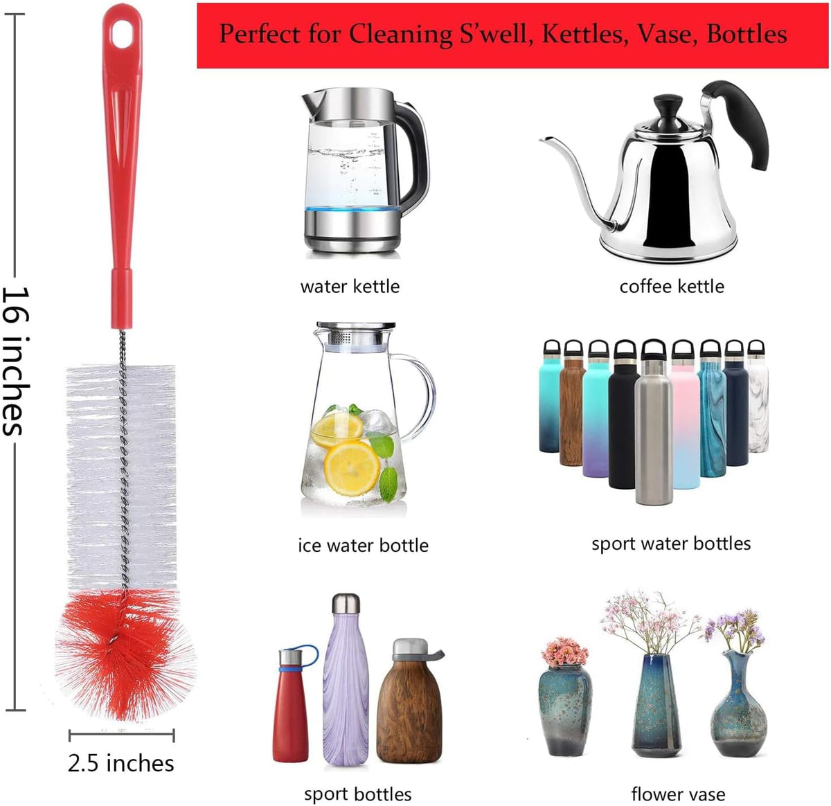 ALINK 5-Pack Red Bottle Brush Cleaner Set - Long Large Cleaing Brush for Narrow Neck Wine/Beer