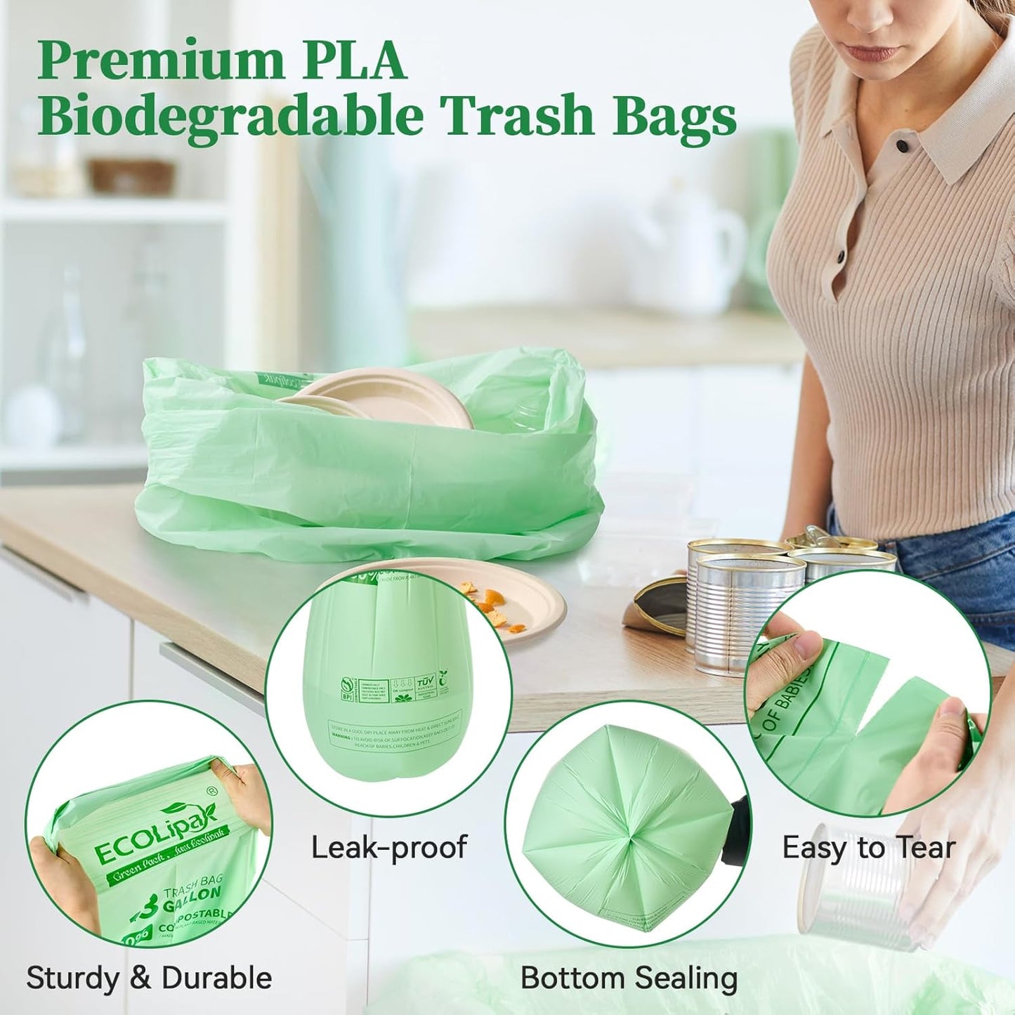 ECOLipak 13 Gallon Compostable Trash Garbage Bags, 50 Count (1 Roll) Biodegradable Heavy Duty