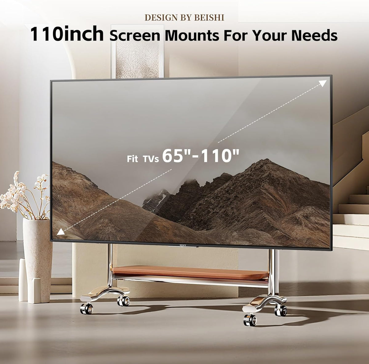 Stainless Steel Art Rolling TV Cart, Mobile TV Stand for 65-110inch TVs, Heavy Duty TV Stand with