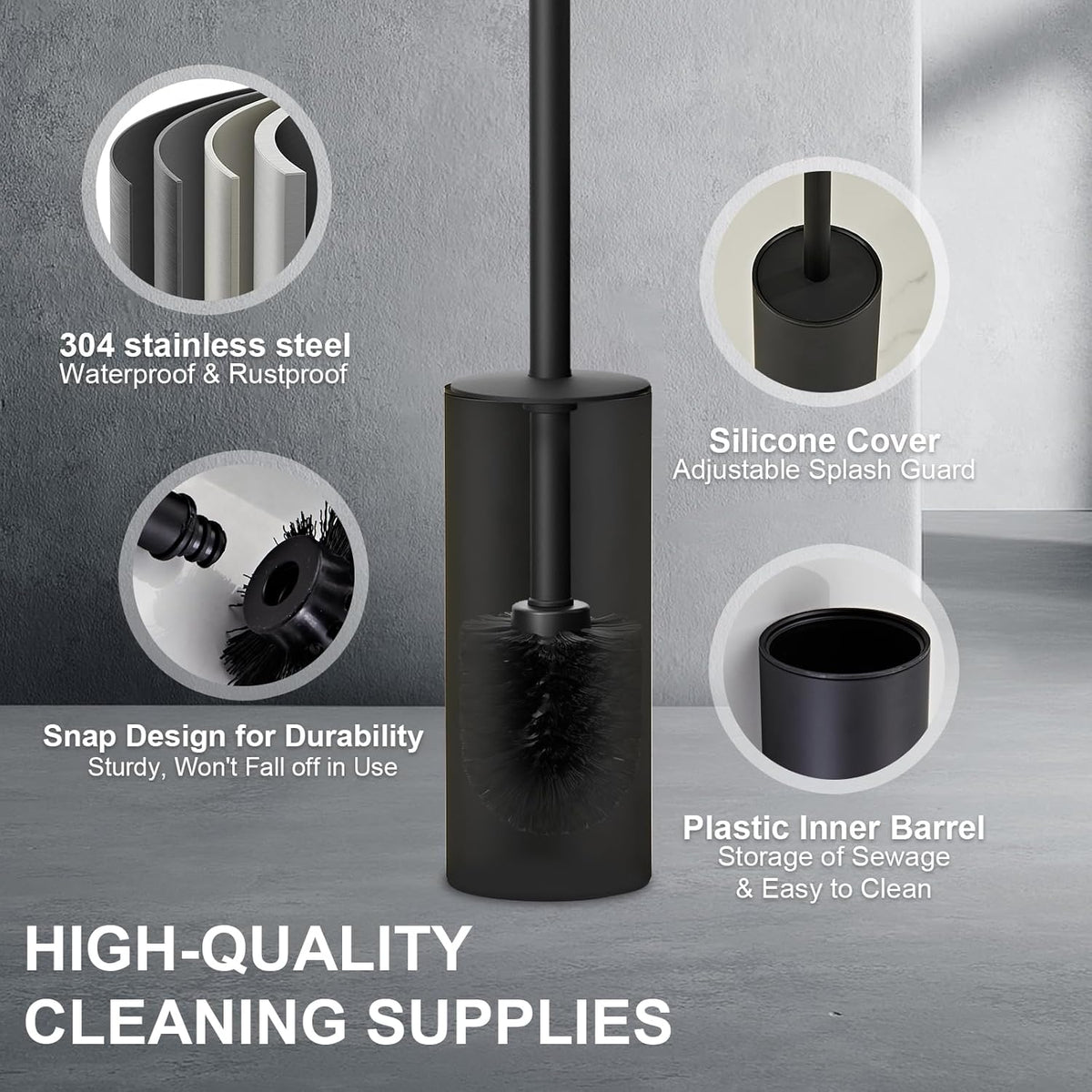 304 Stainless Steel Toilet Bowl Brush and Holder Set, Circular Floor Toilet Brush Holder, Long
