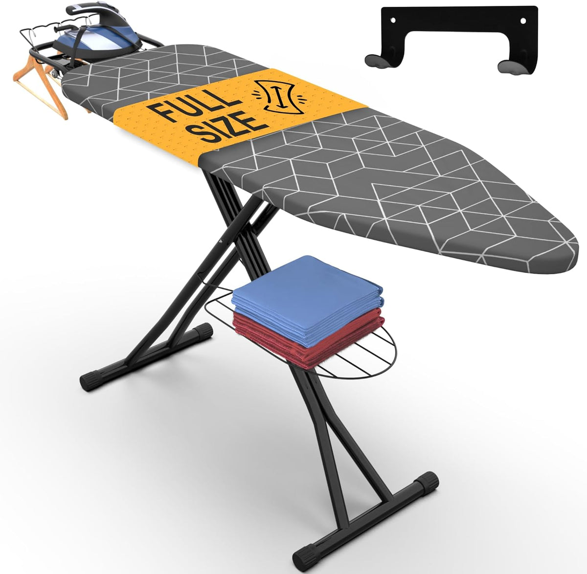 Xabitat Full Size Ironing Board 57" X 15" with Wall Mount Hanger, Full Metal Construction Iron