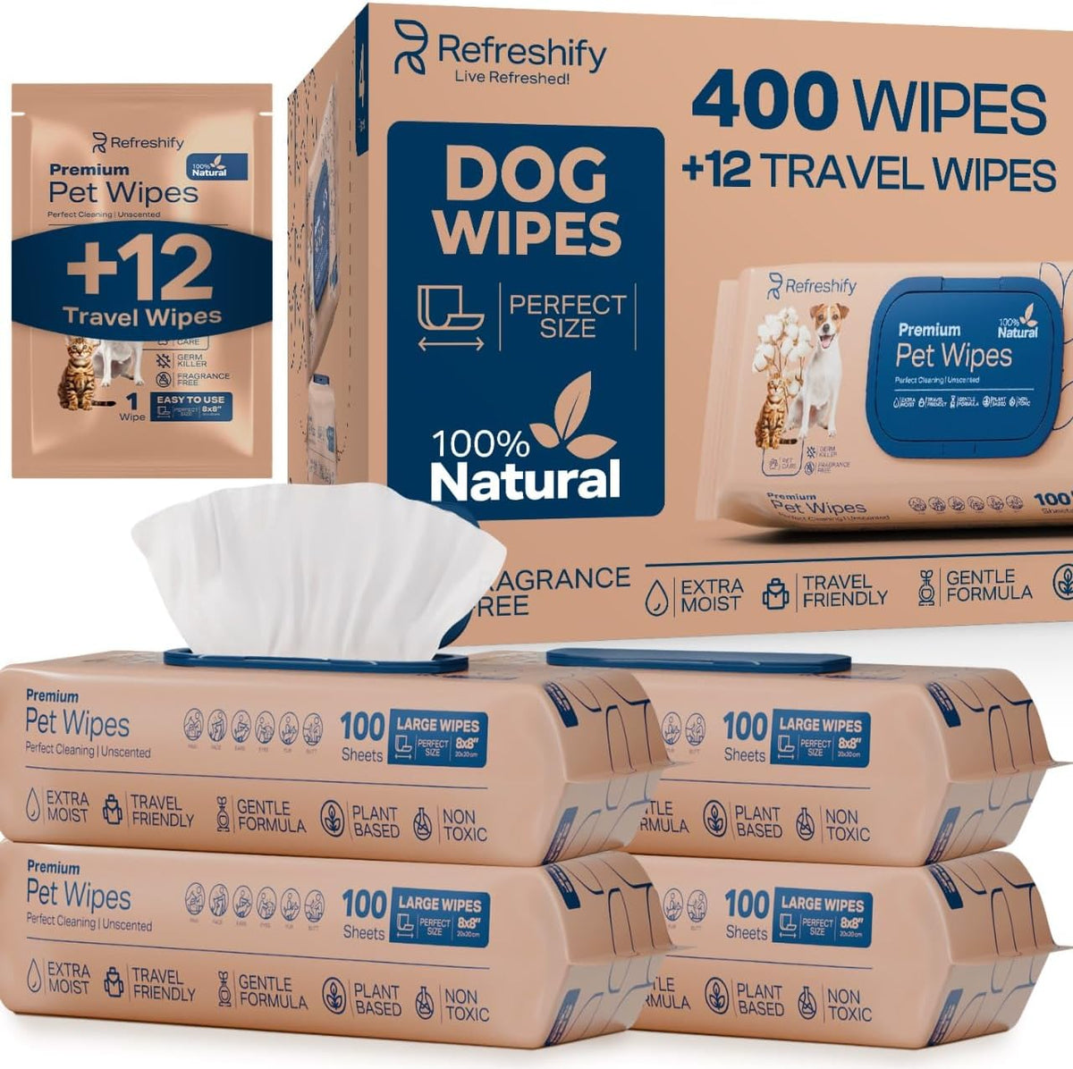 Pet Wipes for Dogs and Cats Plant Based – Unscented (Pack of 400) Dog Wipes for Paws and Butt