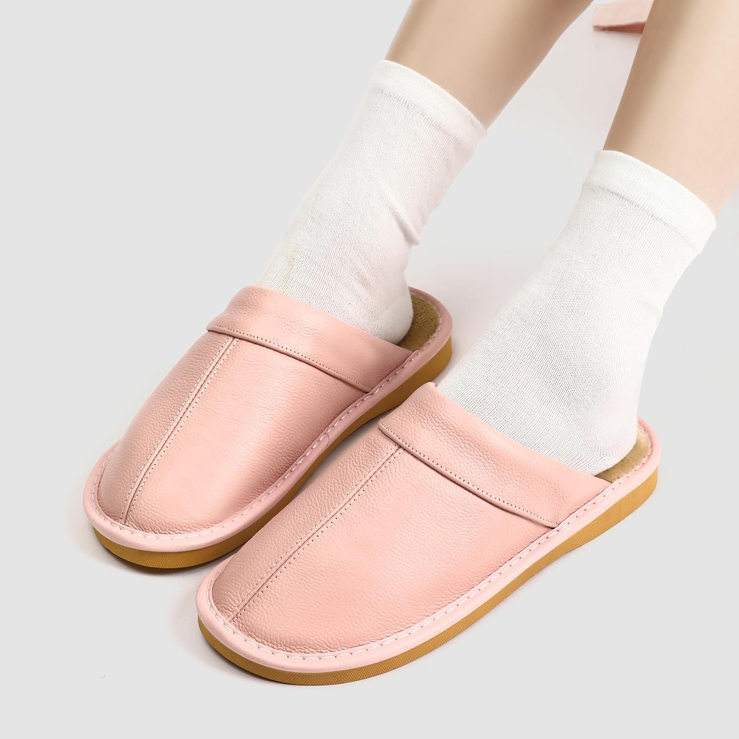 Slippers for Women Men, Genuine Leather Slippers Indoor Outdoor, Fuzzy Bedroom House Shoes for