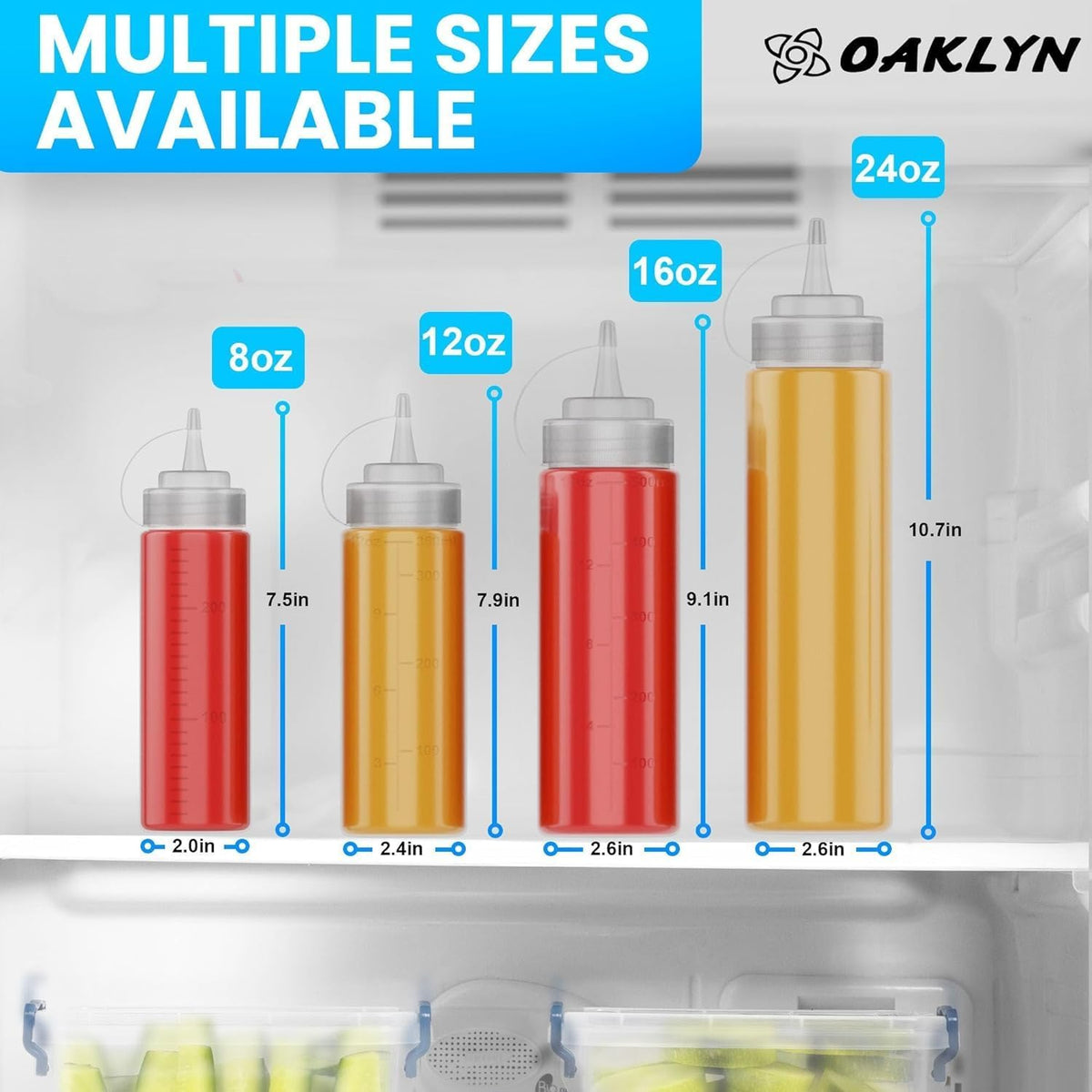 Oaklyn Squirt Bottles 16oz, 6 Pack – BPA-Free Condiment Squeeze Bottles for Sauces, Dressings