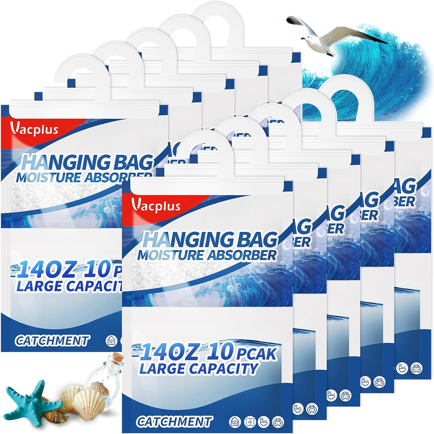 Vacplus Moisture Absorbers, Hanging Closet Dehumidifier Bags, Humidity Packs, Desiccant, Closet