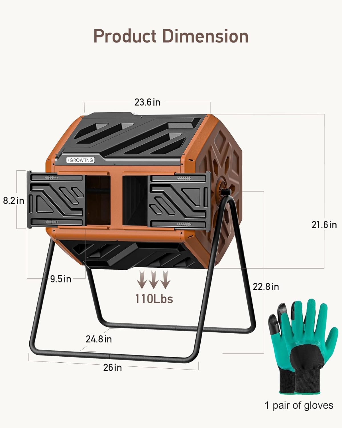 THEGROW'ING Updated 43 Gallon Outdoor Compost Bin. with Thermometer, Fast to Assemble. Tumbling