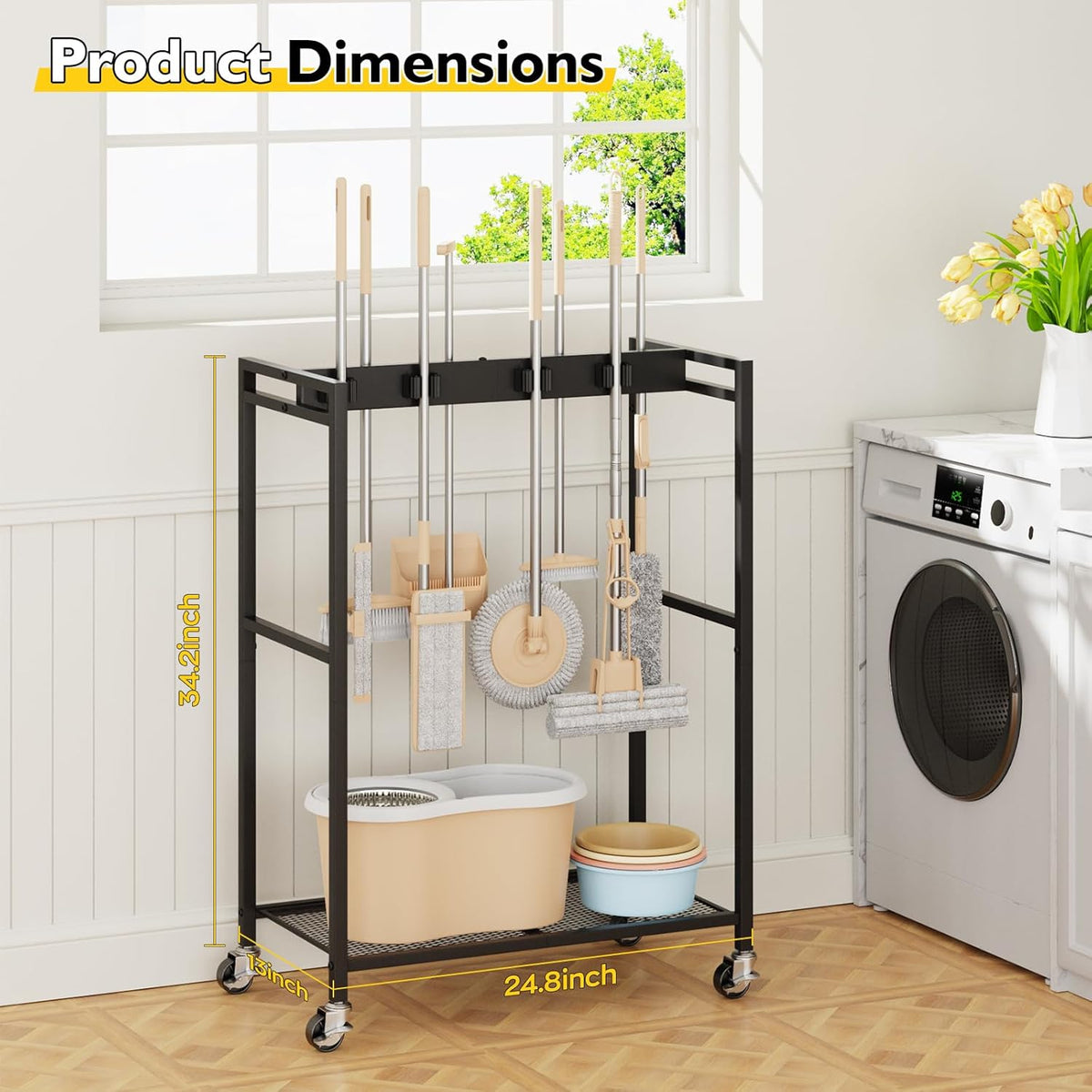 BORISI Broom And Mop Holder, Movable Broom Closet Storage Cabinet, Cleaning Cart with Mop Hanger