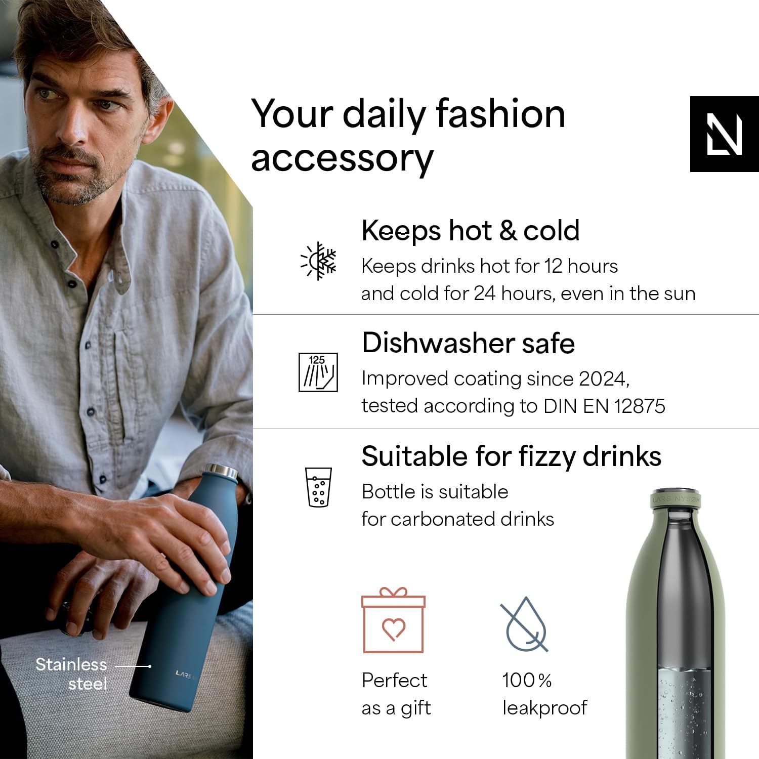 LARS NYSØM Stainless Steel Insulated XL Water Bottle 12oz 17oz 25oz 34oz 51oz | Insulated Thermo