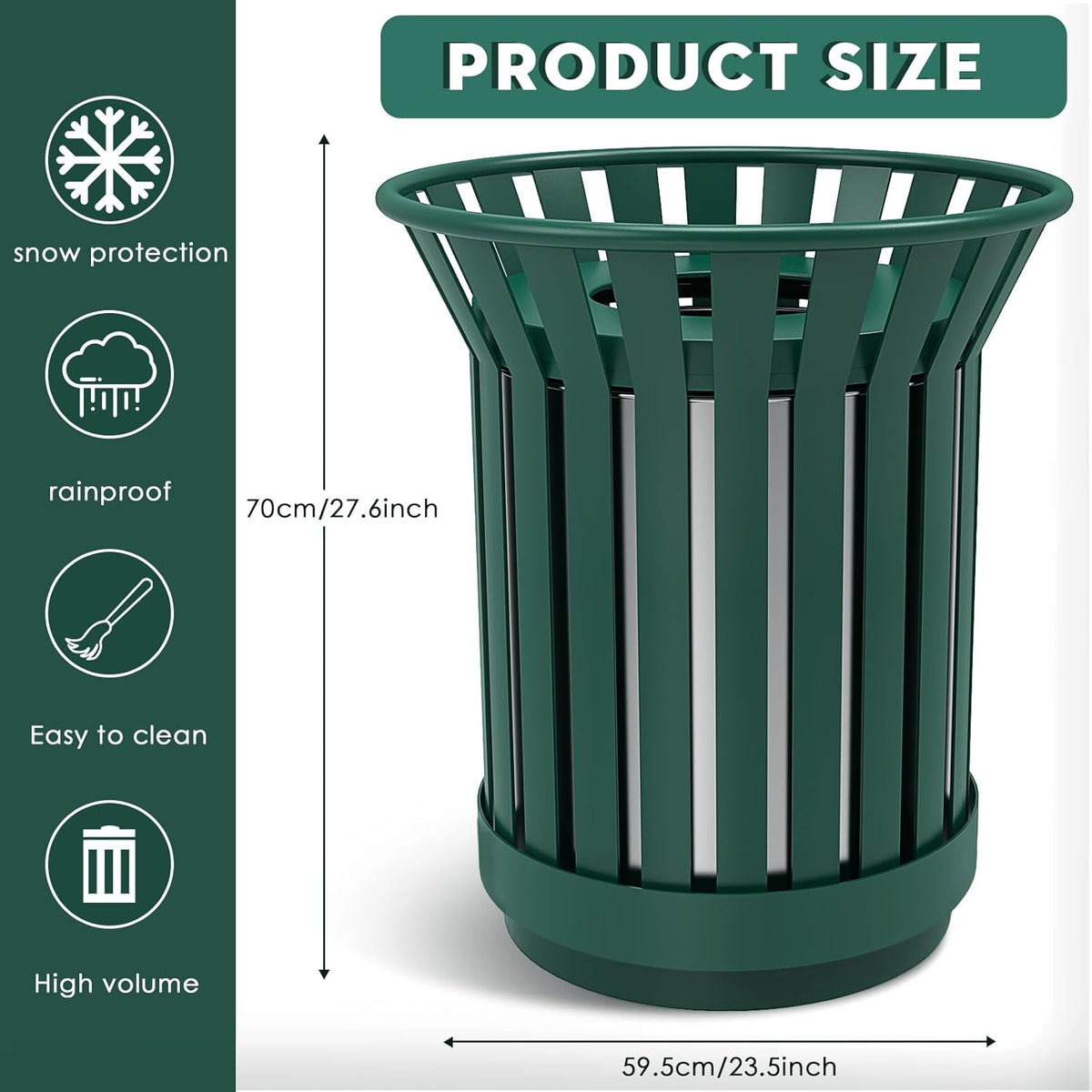 27.6IN Round Large Outdoor Trash Can, Heavy Duty Metal Slatted Garbage Can Outdoor, All Weather