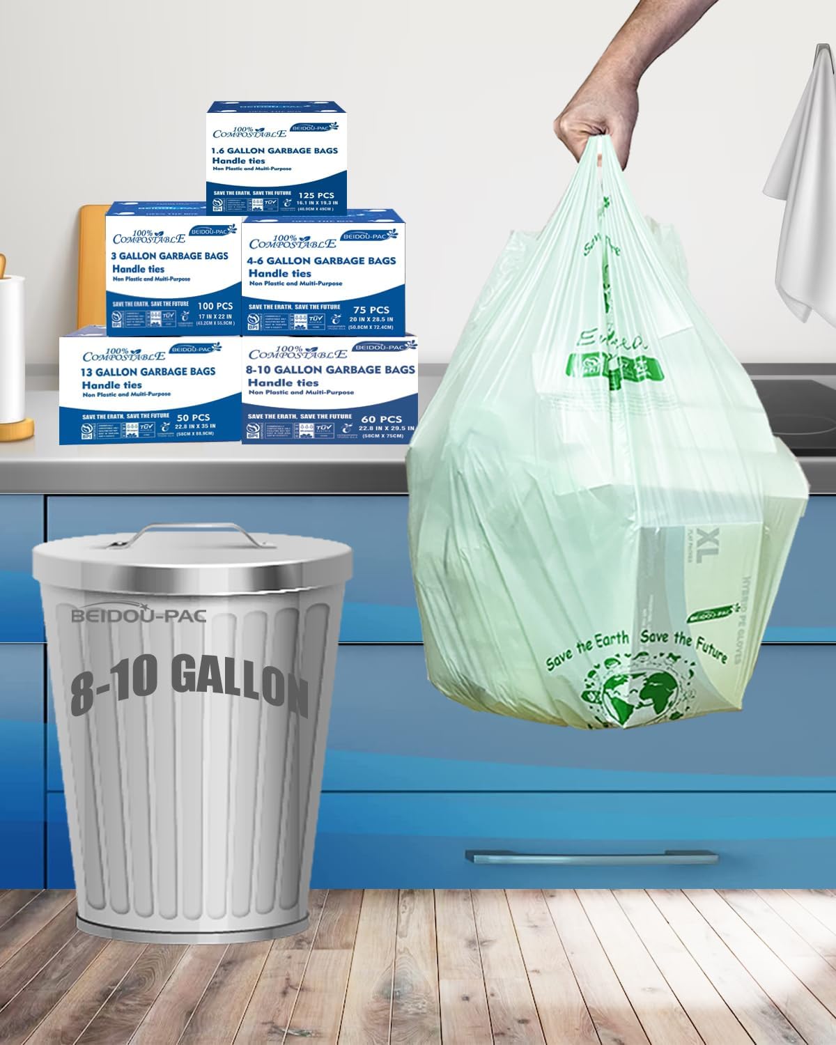 8-10 Gallon Compostable Trash Bags, 120 Count, Compost Bags Kitchen Trash Bags with Handle, Sturdy
