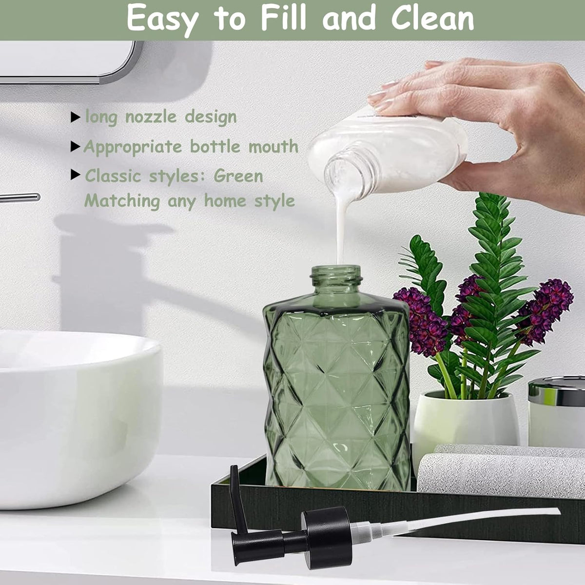 Green Glass Soap Dispenser, 12oz Bathroom Hand Dispenser, Lotion Dispenser with Black Plastic Pump