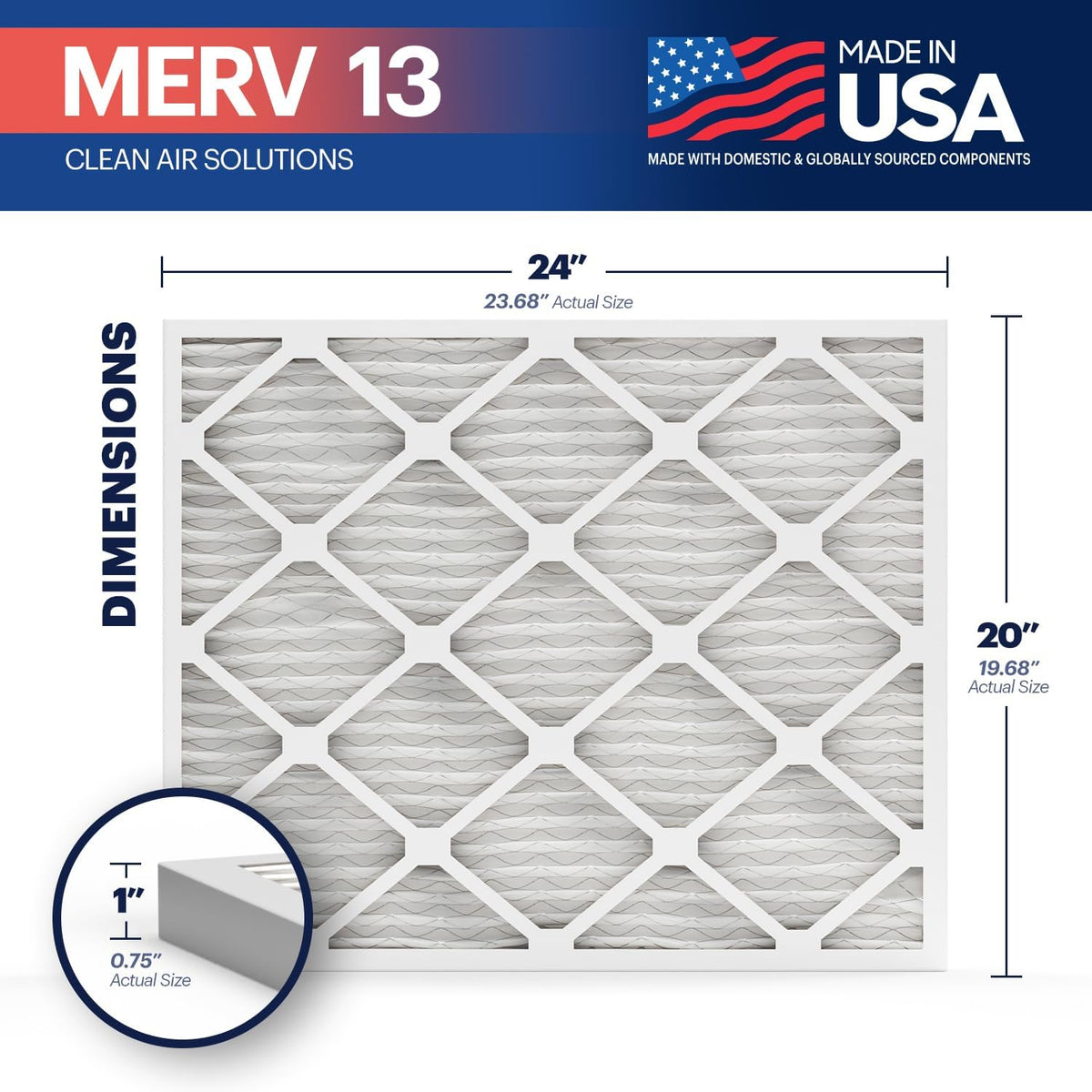 BNX TruFilter 20x24x1 Air Filter MERV 13 (6-Pack) - MADE IN USA - Electrostatic Pleated Air