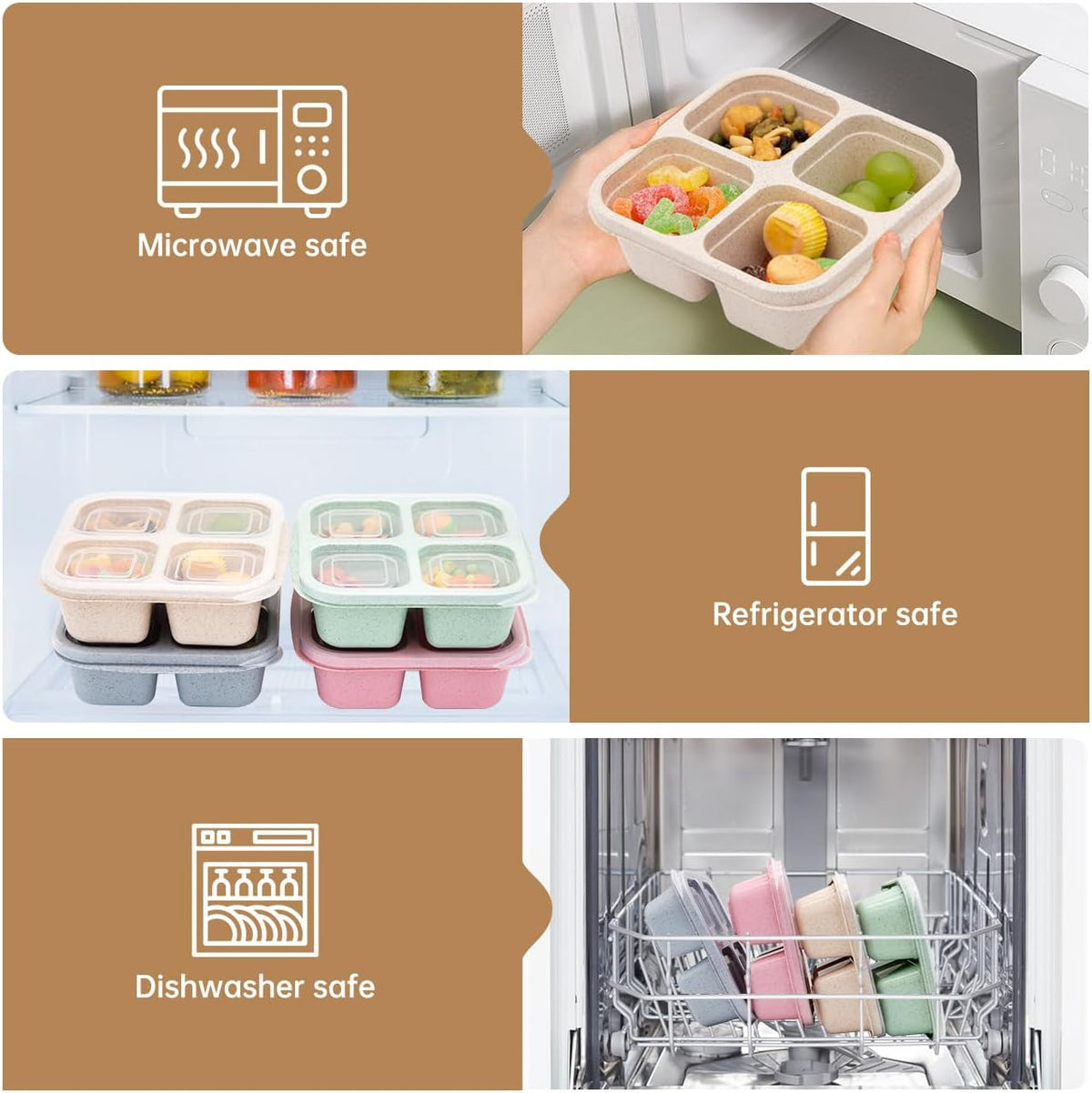 4 Pack Bento Lunch Box，4 Compartment Snack Containers，Divided Bento Snack Box，Meal Prep Containers