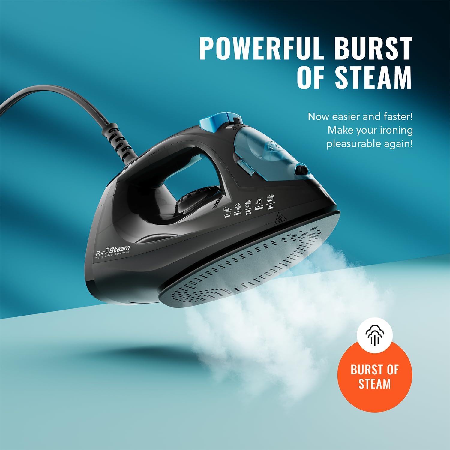 PurSteam Professional 1250W Steam Iron | Powerful Steamer with Burst of Steam & Spray | Non-Stick
