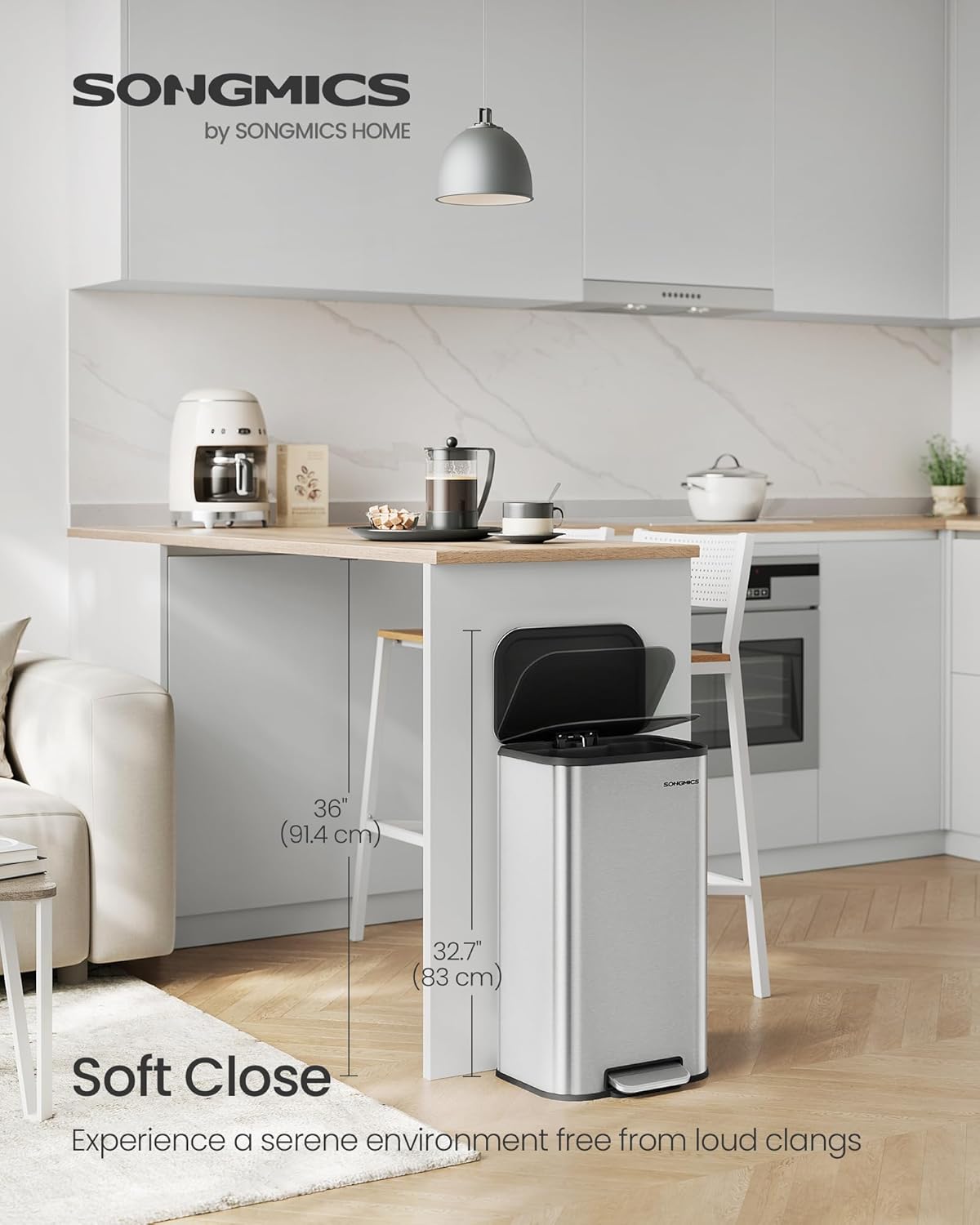 SONGMICS Kitchen Trash Can, 8-Gallon (30 L) Garbage Can with Lid, Stainless Steel, Soft Close and