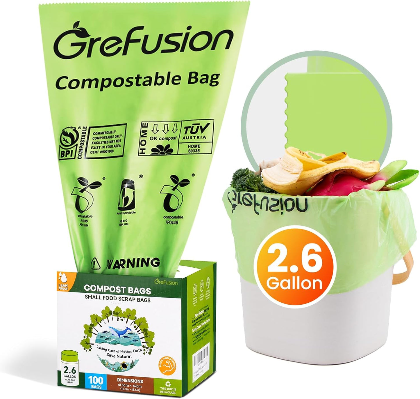 GreFusion 2.6 Gallon Compostable Trash Bags, 100 Count, Extra Thick 0.71 Mil, Certified by BPI and