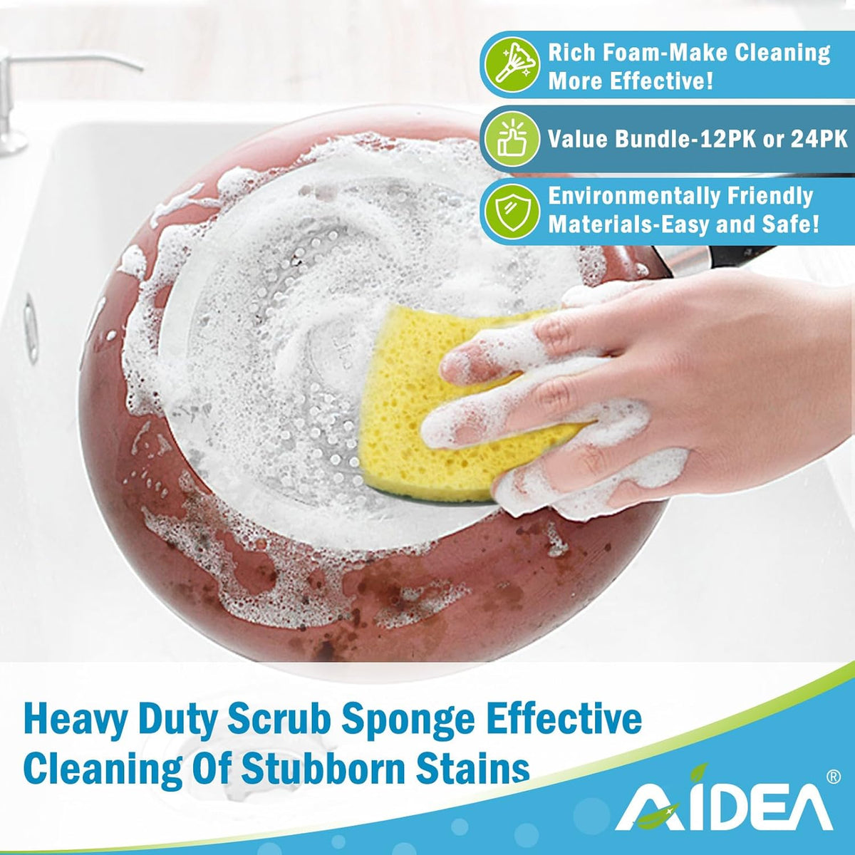 AIDEA Sponges Heavy Duty-12Count, Sponges Kitchen, Sponge for Dishes, Scrubbing Power for Tough