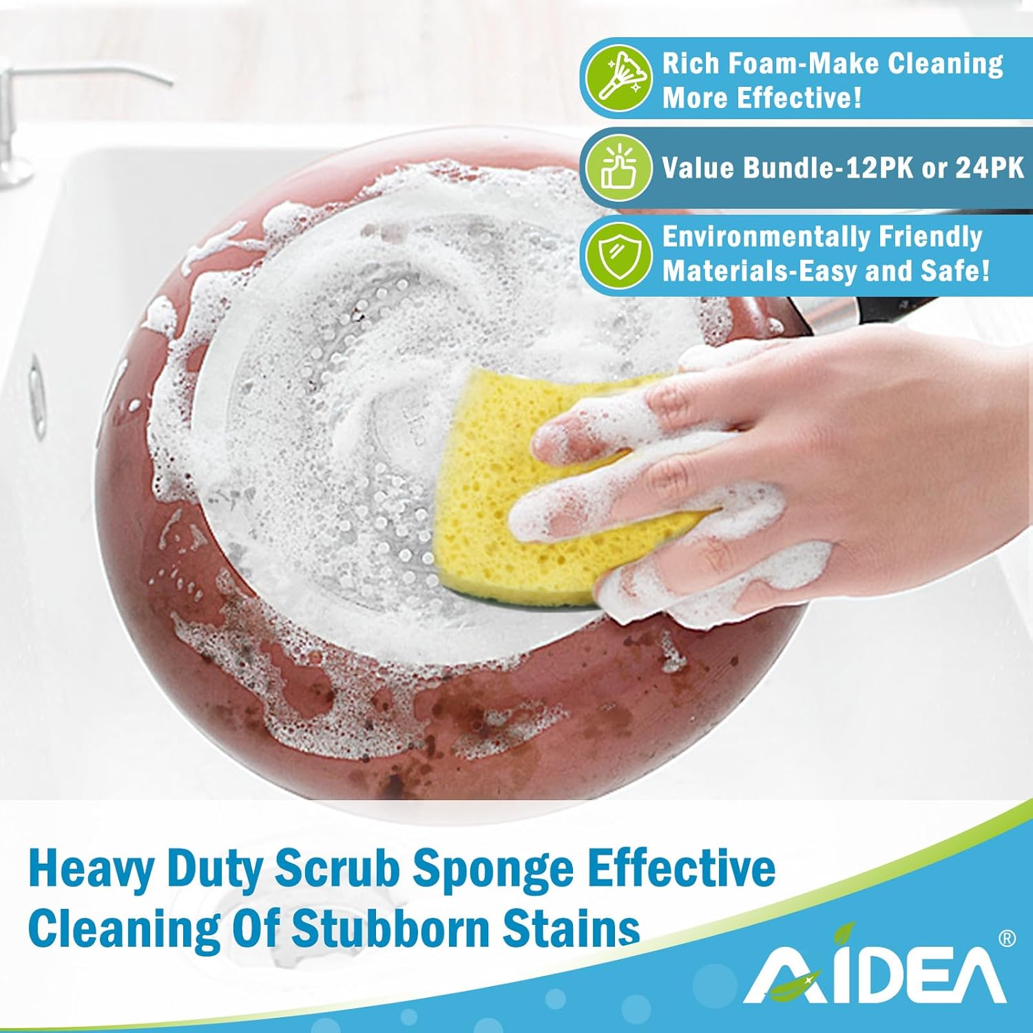 AIDEA Sponges Heavy Duty-12Count, Sponges Kitchen, Sponge for Dishes, Scrubbing Power for Tough