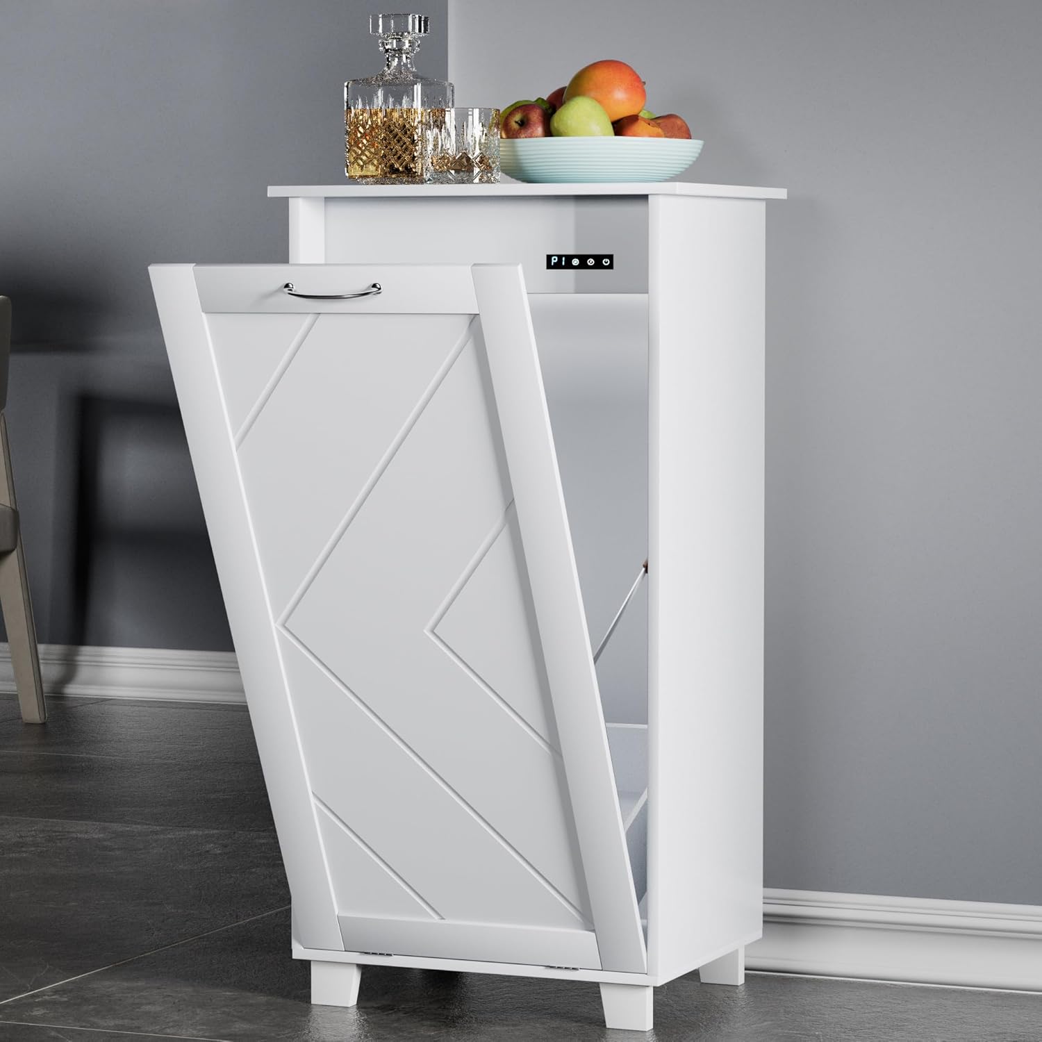VECELO Tilt Out Kitchen Trash Bin Cabinet, Dog Proof Garbage Can with Wood Holder Free Standing