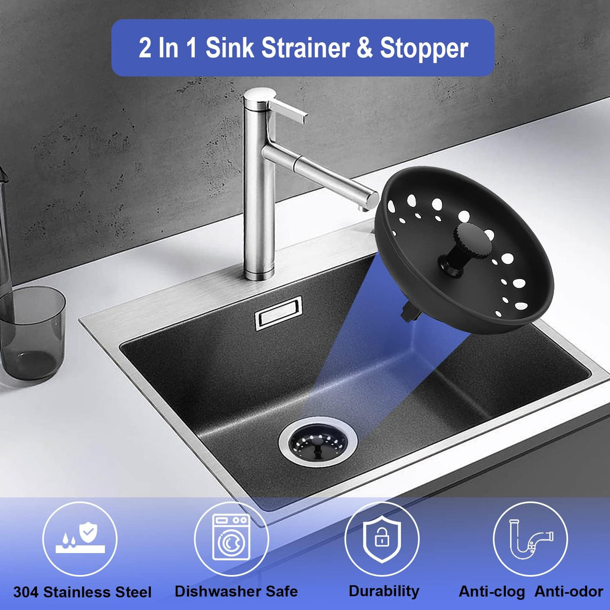 Kitchen Sink Drain Strainer 3 Pack Stainless Steel Sink Stopper, Anti-Clogging Kitchen Sink Drain