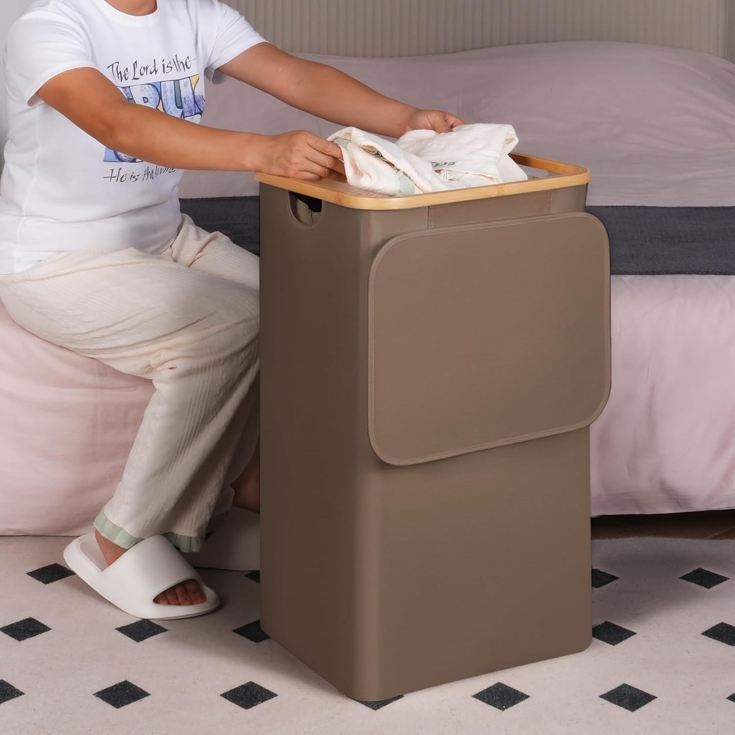 26 Gal Laundry Basket with Lid and Net Bag, Tall Laundry Hamper with Bamboo Handles, Aesthetic