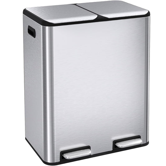 16 Gal (2 x 30 L) Dual Trash Can, Stainless Steel Kitchen Garbage Bin, Recycle Dustbin with Odor