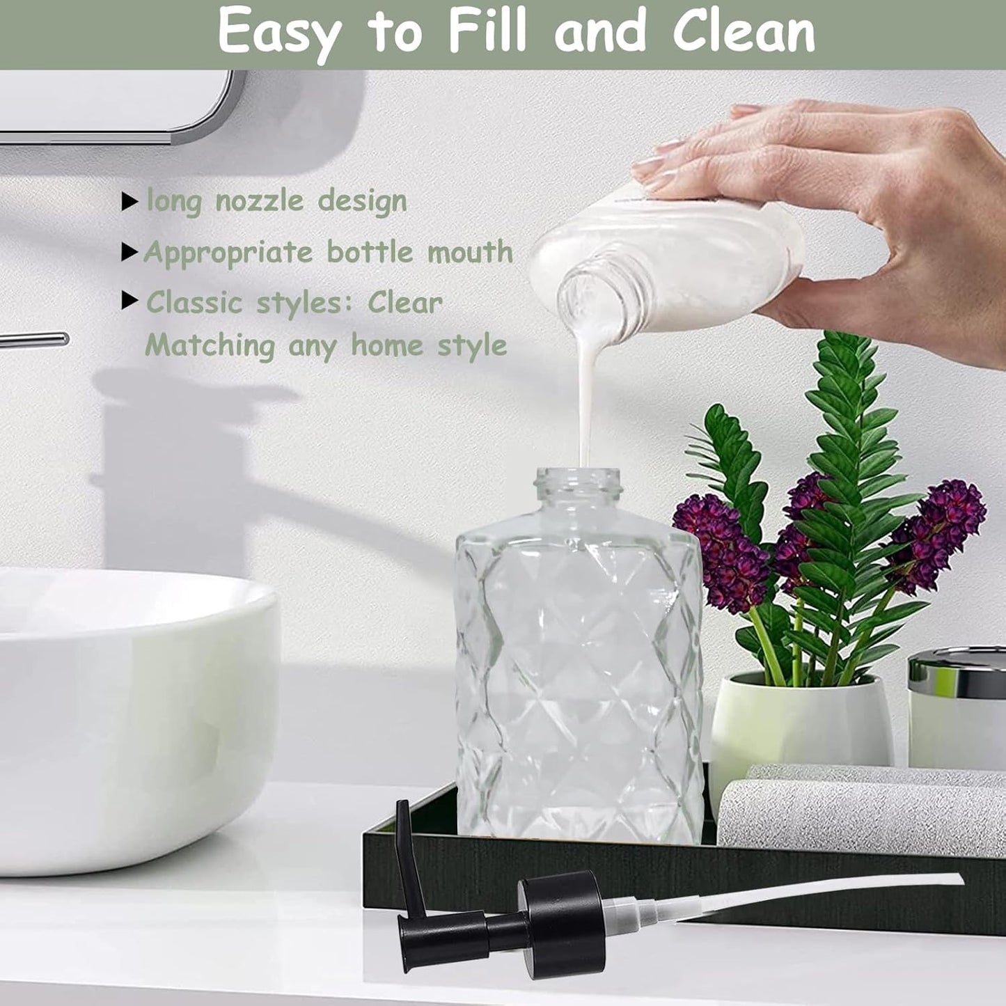 Crystal Glass Soap Dispenser, 12oz Clear Bathroom Hand Dispenser, Lotion Dispenser with Black