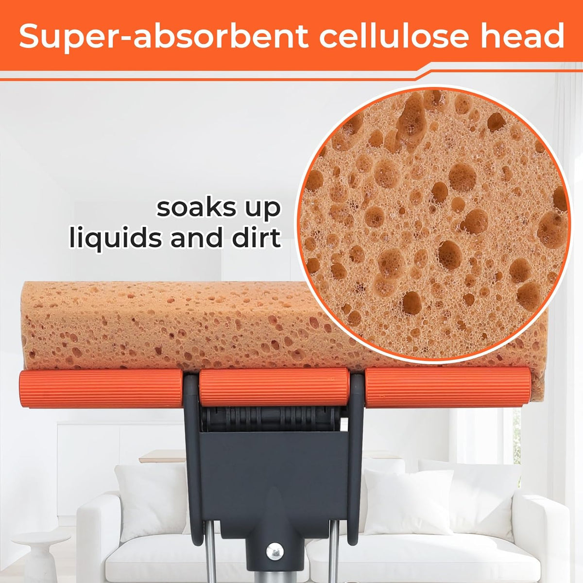 Sponge Mops for Floor Cleaning with 2 Cellulose Mop Head Refills and 55” Long Handle, Heavy Duty