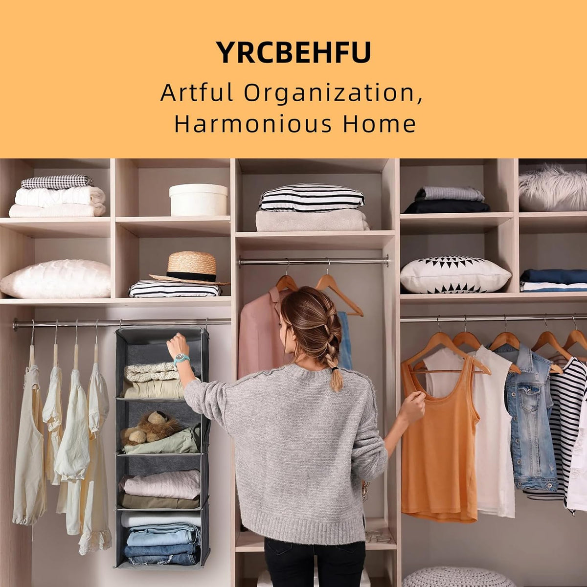 2 Packs Hanging Closet Organizer, 4-Shelf Closet Organizers and Storage with Side Pockets