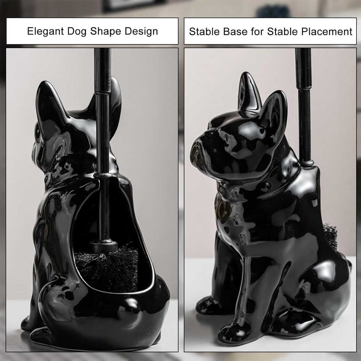 Comeon Ceramic Dog White/Black Toilet Brush and Holder Set, Plastic Handled Scrub Brush for