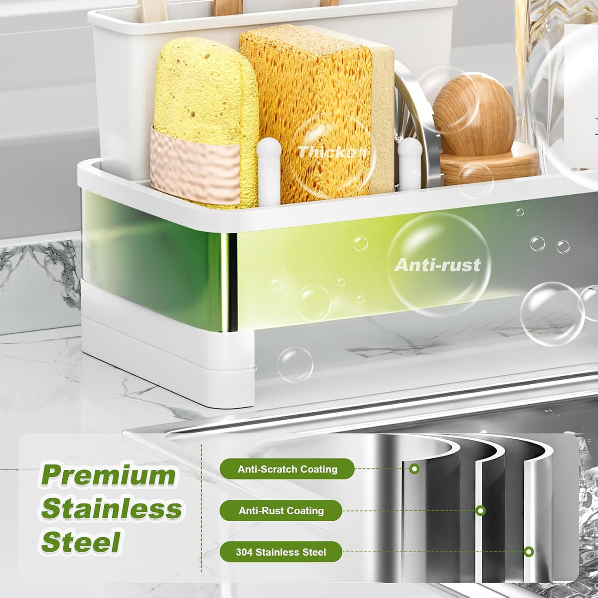 Stainless Steel Sink Caddy, Sponge Holder for Kitchen Sink with Brush Holder & Dishcloth Rack