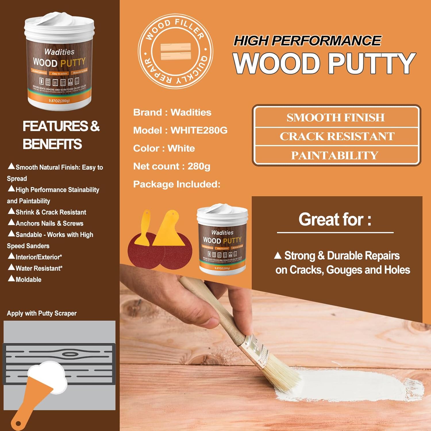 White Wood Filler, White Wood Putty, Paintable Stainable Wood Repair Putty, 9.87 Ounce Wood