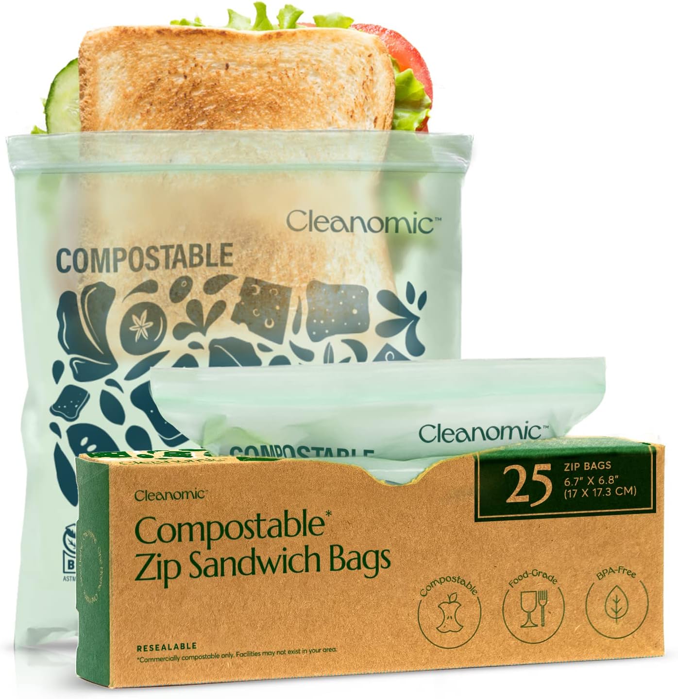 Cleanomic Compostable* Sandwich Size Food Storage Bags (25 Eco Zip) Freezer and Leak Proof, Also