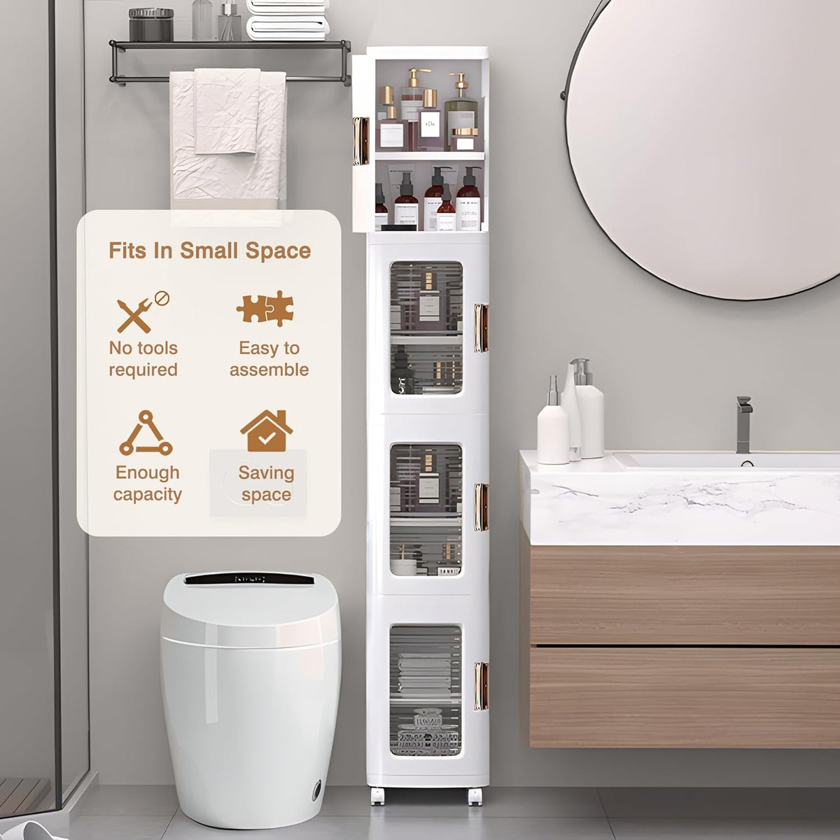 VECELO 4-Tier Tall Narrow Storage Cabinet with Movable Wheels, Adjustable Shelves, Anti-Tip, Slim