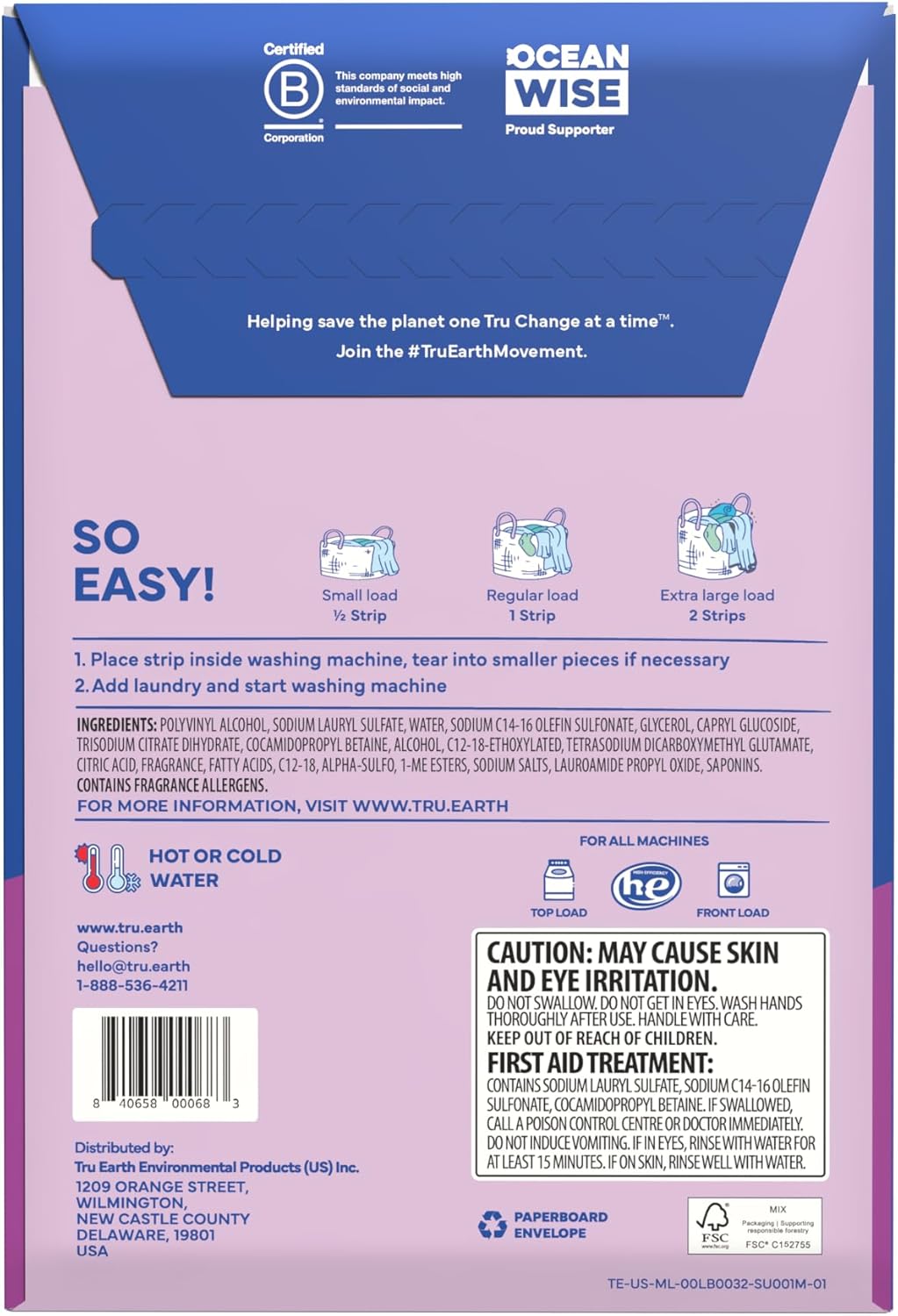 Tru Earth Compact Dry Laundry Detergent - Up to 64 Loads (32 Sheets) - Paraben-Free - Original