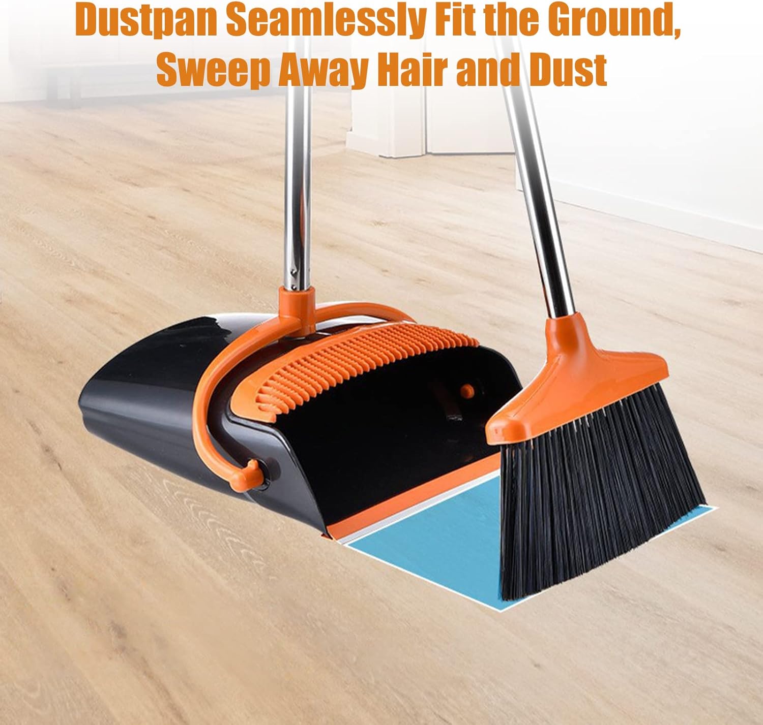 Broom and Dustpan Set with Long Handle and 6 Bonus Cleaning Tools, Upright Standing Combo with