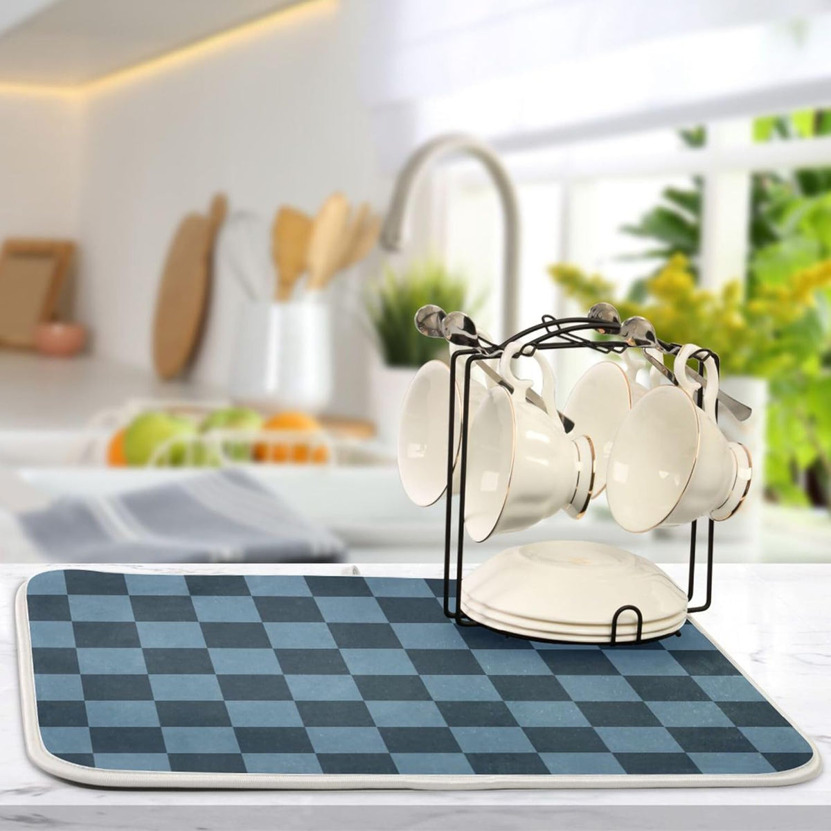 Buffalo Plaid Navy Blue Dish Drying Mat for Kitchen Countertop 18x24 Chessboard Rectangle Large
